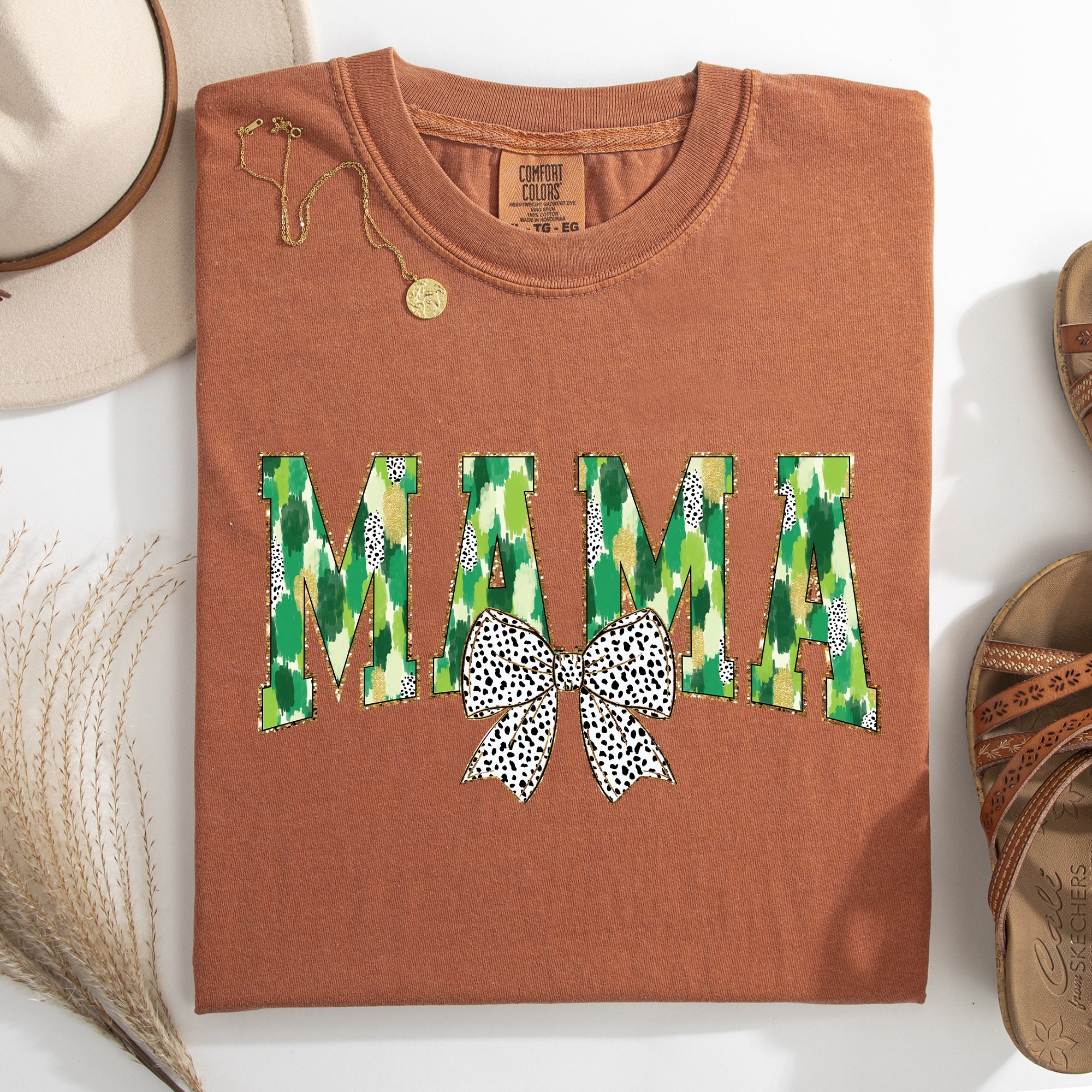 Mama Painted Dalmatian Bow St Patrick's Day Shamrock Clover Lucky Leprechaun Comfort Colors Tee