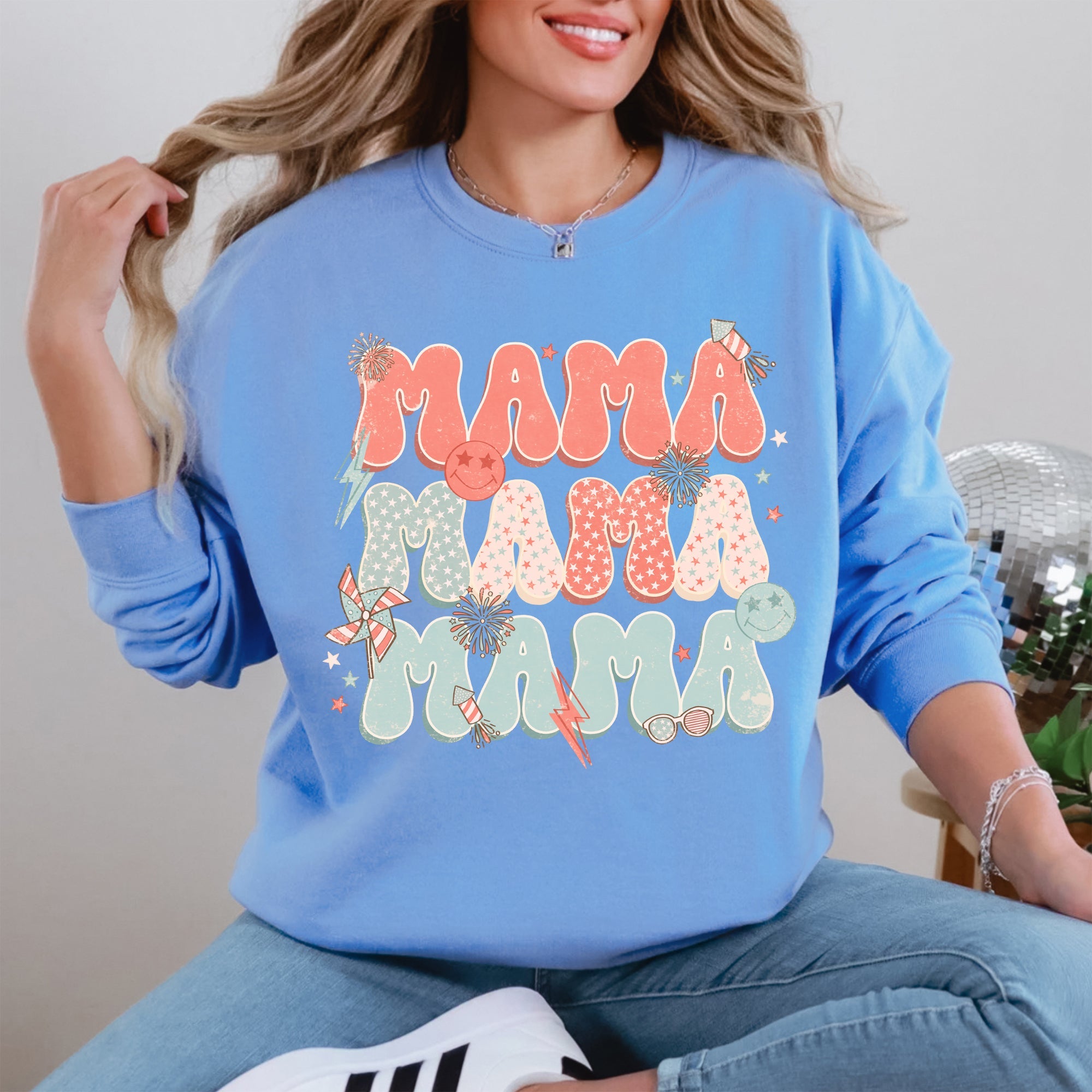 Mama Patriotic 4th of July Fireworks Retro USA America Premium Cozy Fleece Sweatshirt