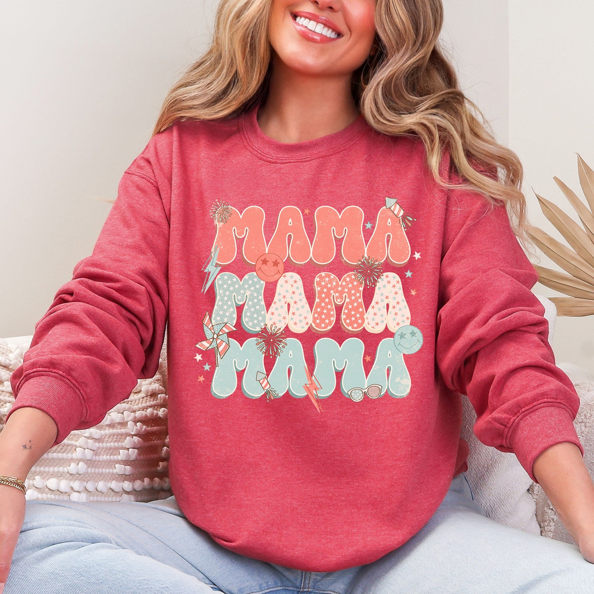 Mama Patriotic 4th of July Fireworks Retro USA America Premium Cozy Fleece Sweatshirt