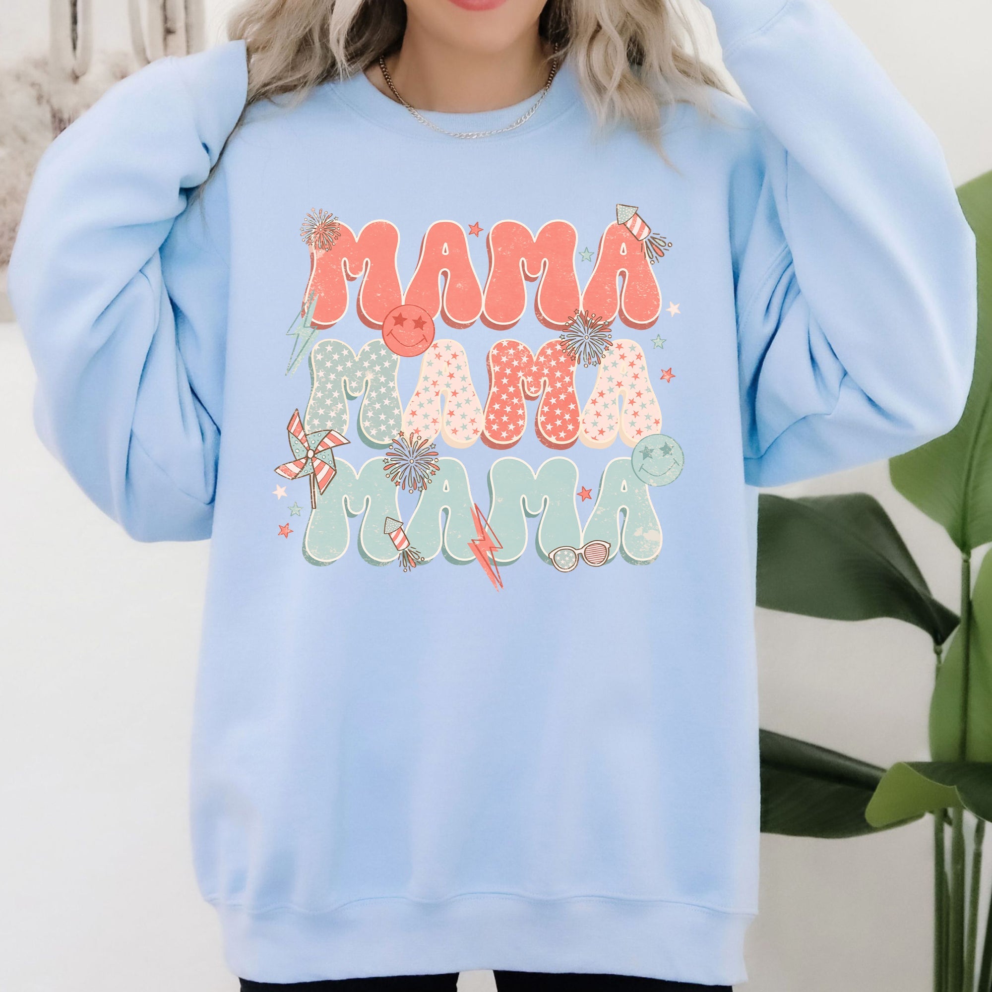 Mama Patriotic 4th of July Fireworks Retro USA America Premium Cozy Fleece Sweatshirt