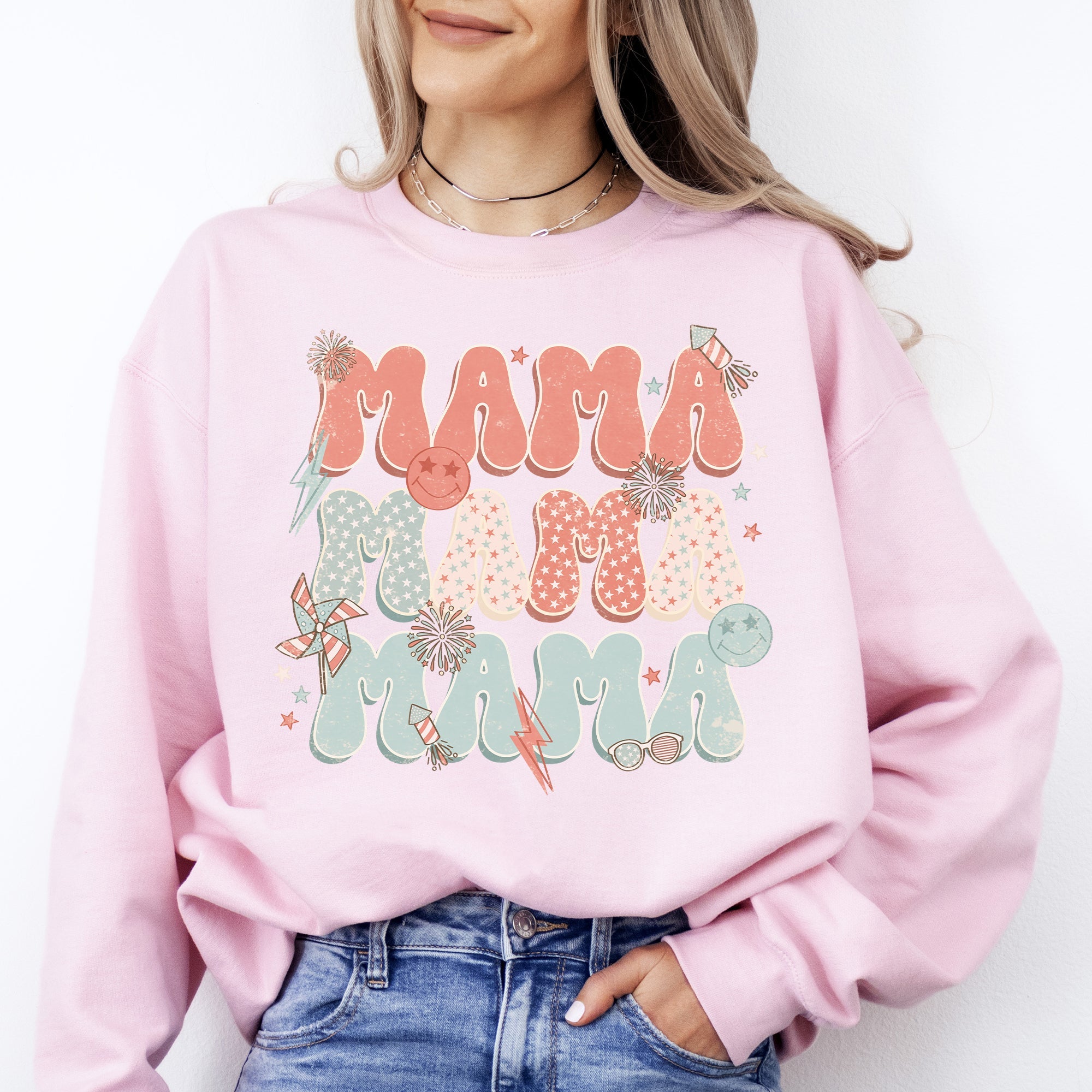 Mama Patriotic 4th of July Fireworks Retro USA America Premium Cozy Fleece Sweatshirt