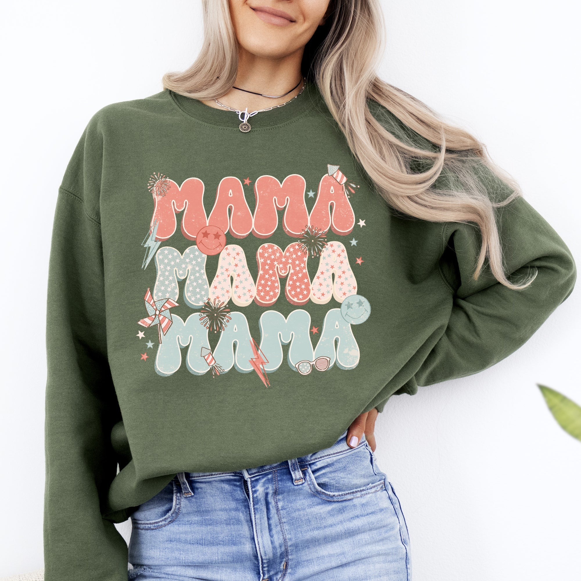 Mama Patriotic 4th of July Fireworks Retro USA America Premium Cozy Fleece Sweatshirt