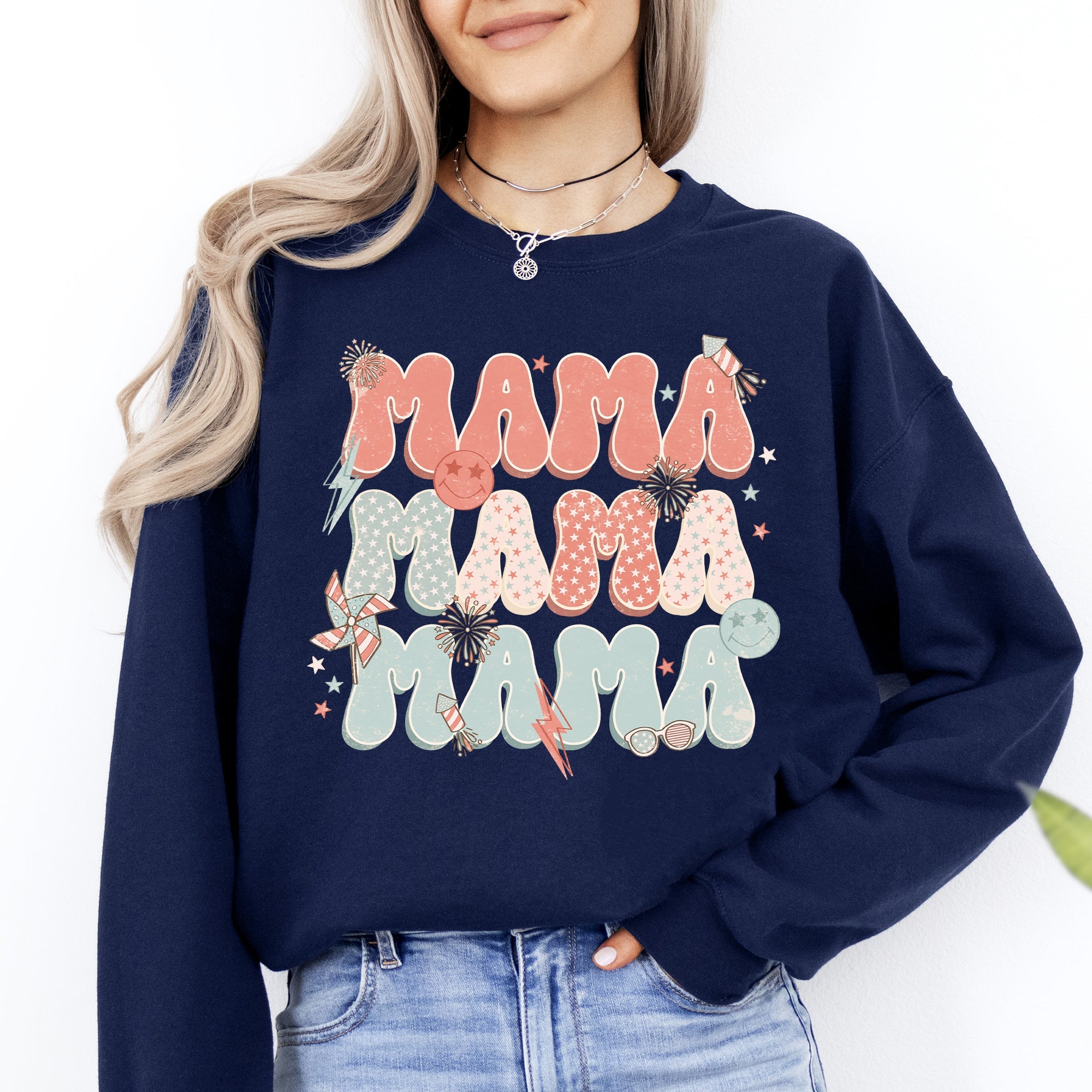 Mama Patriotic 4th of July Fireworks Retro USA America Premium Cozy Fleece Sweatshirt