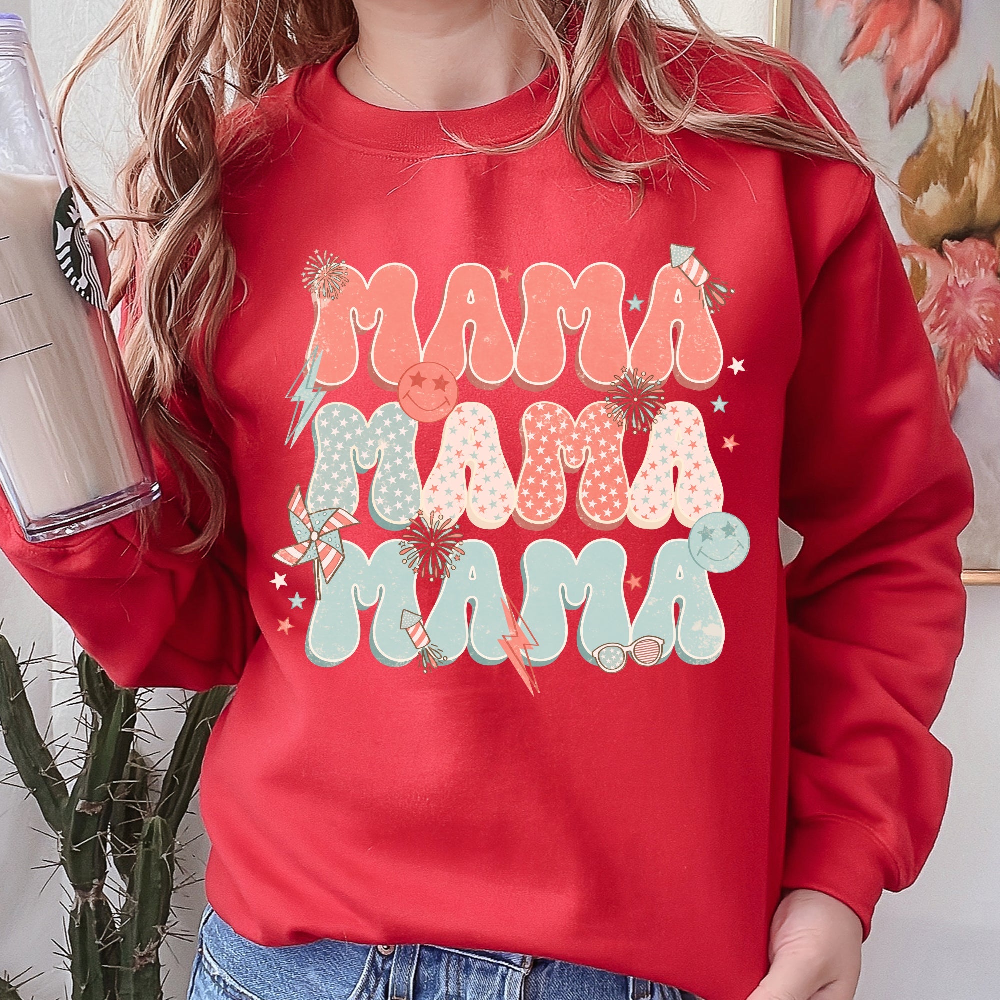 Mama Patriotic 4th of July Fireworks Retro USA America Premium Cozy Fleece Sweatshirt