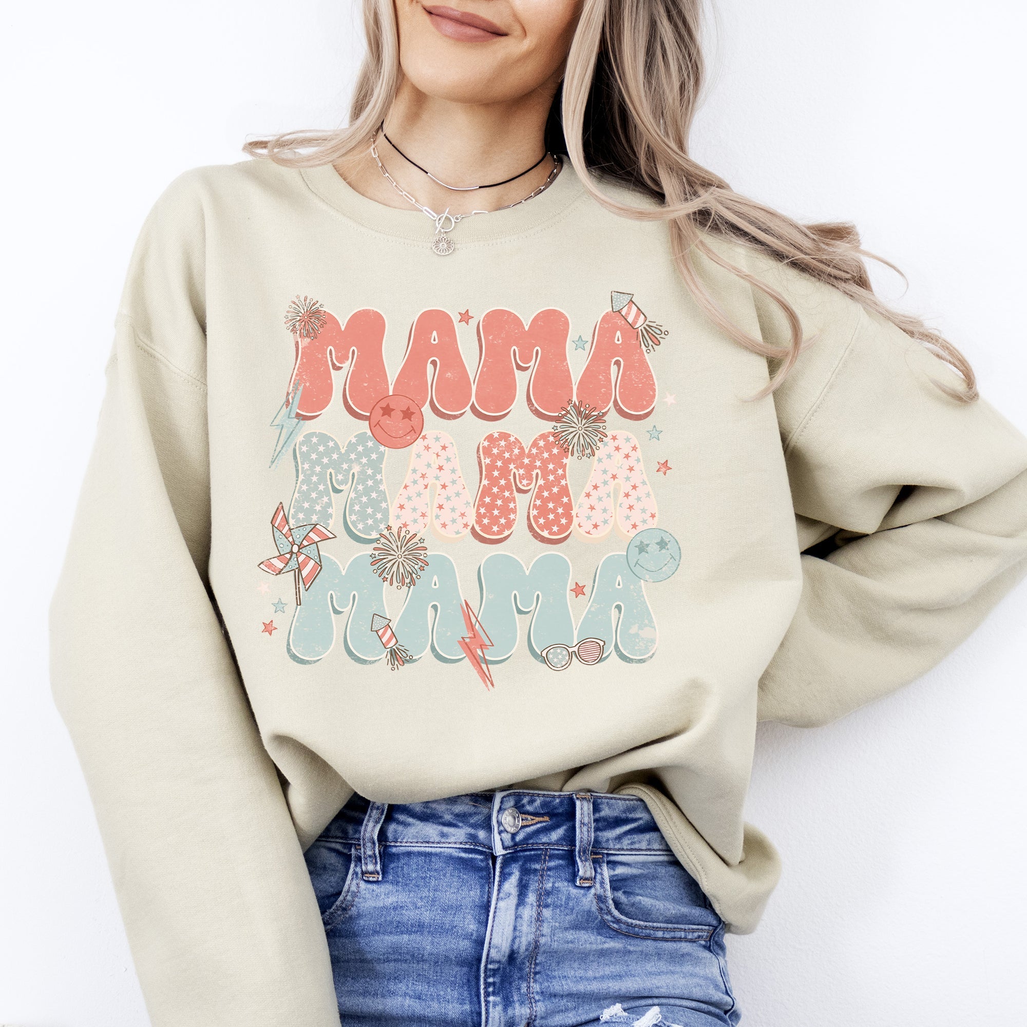 Mama Patriotic 4th of July Fireworks Retro USA America Premium Cozy Fleece Sweatshirt