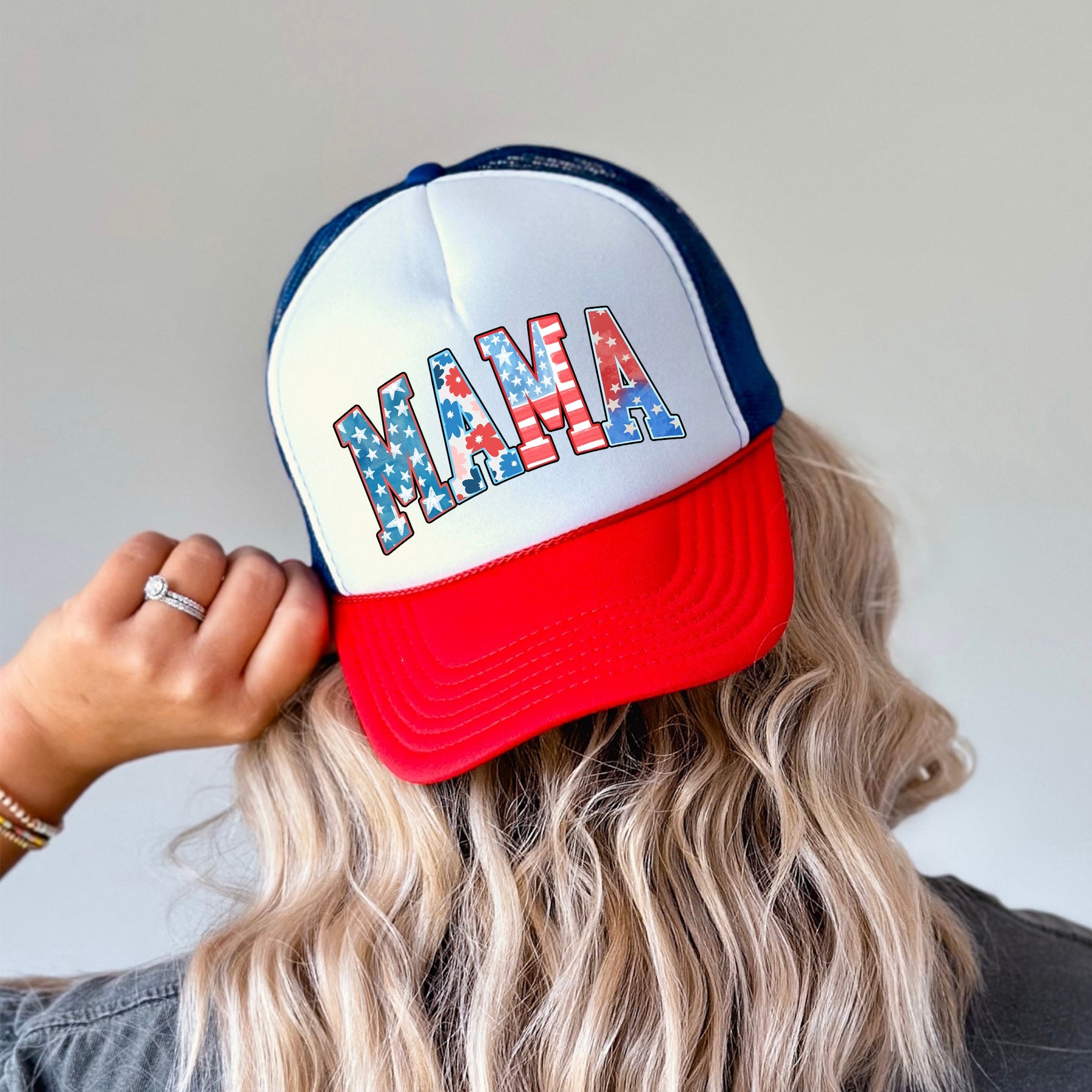 Mama Pattern Patriotic Flag Inspired Bold Lettering Vintage Style Americana Motif Snapback Trucker Hat