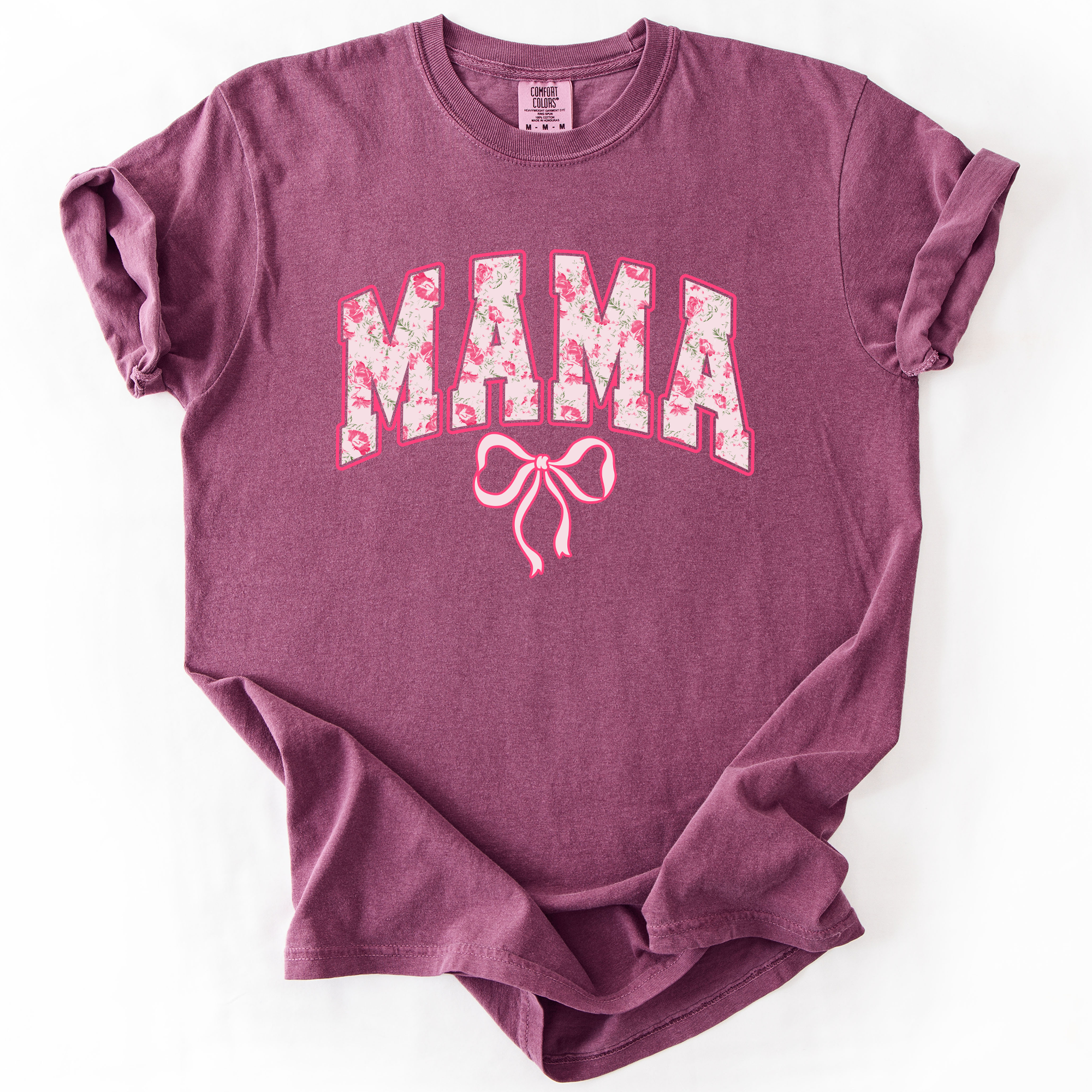 Mama Pink Coquette Ribbons Whimsical Vintage Inspired Floral Accents Comfort Colors Tee