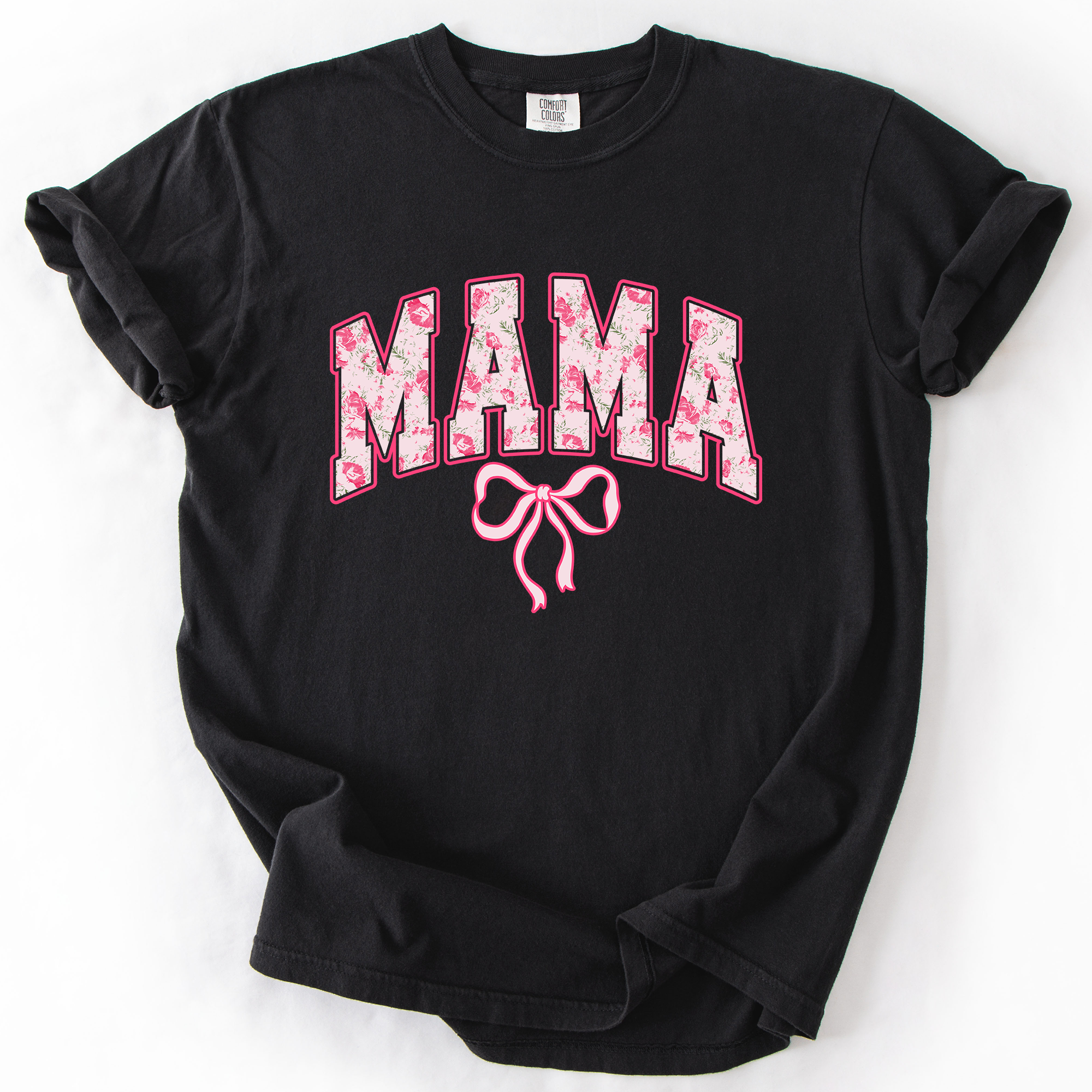 Mama Pink Coquette Ribbons Whimsical Vintage Inspired Floral Accents Comfort Colors Tee