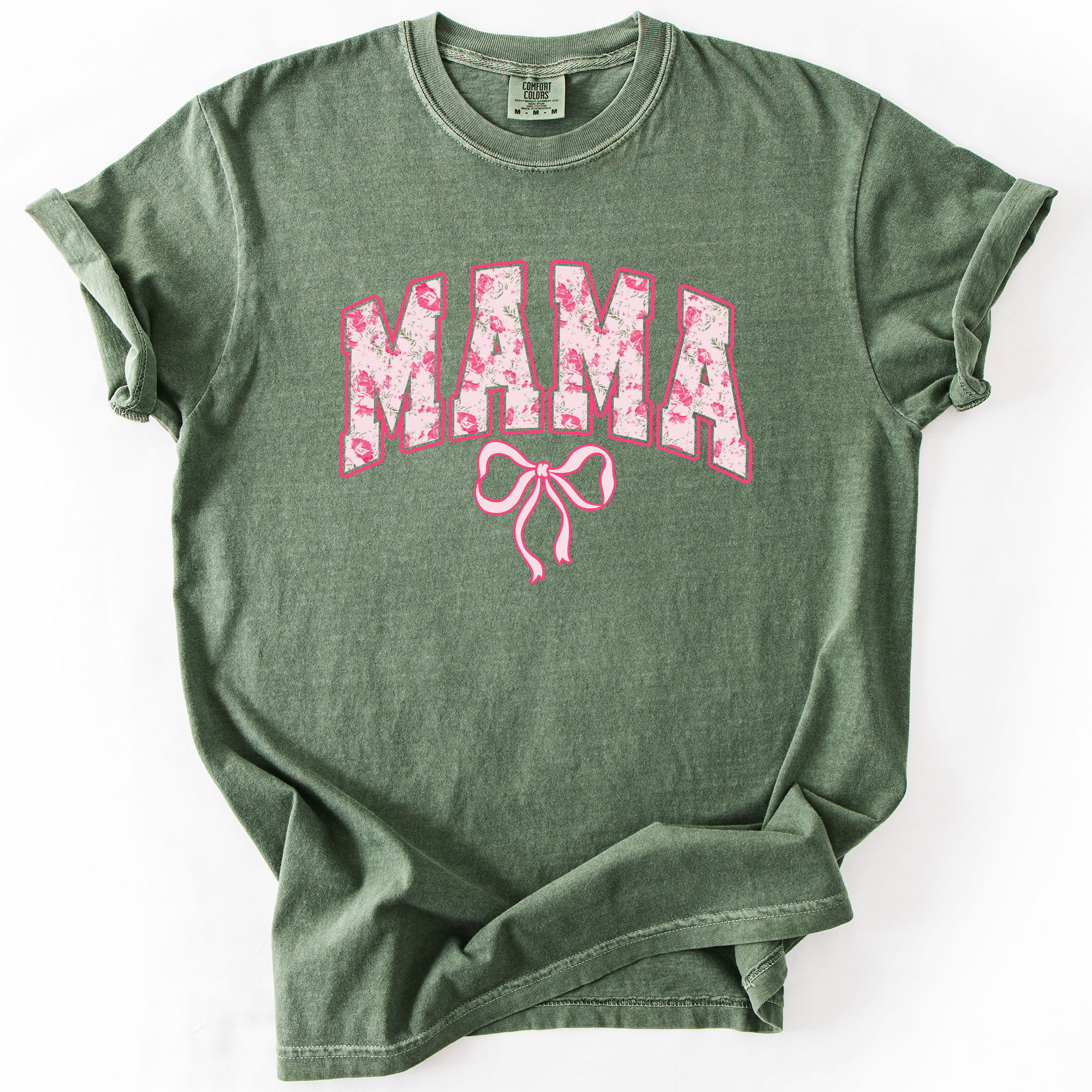 Mama Pink Coquette Ribbons Whimsical Vintage Inspired Floral Accents Comfort Colors Tee