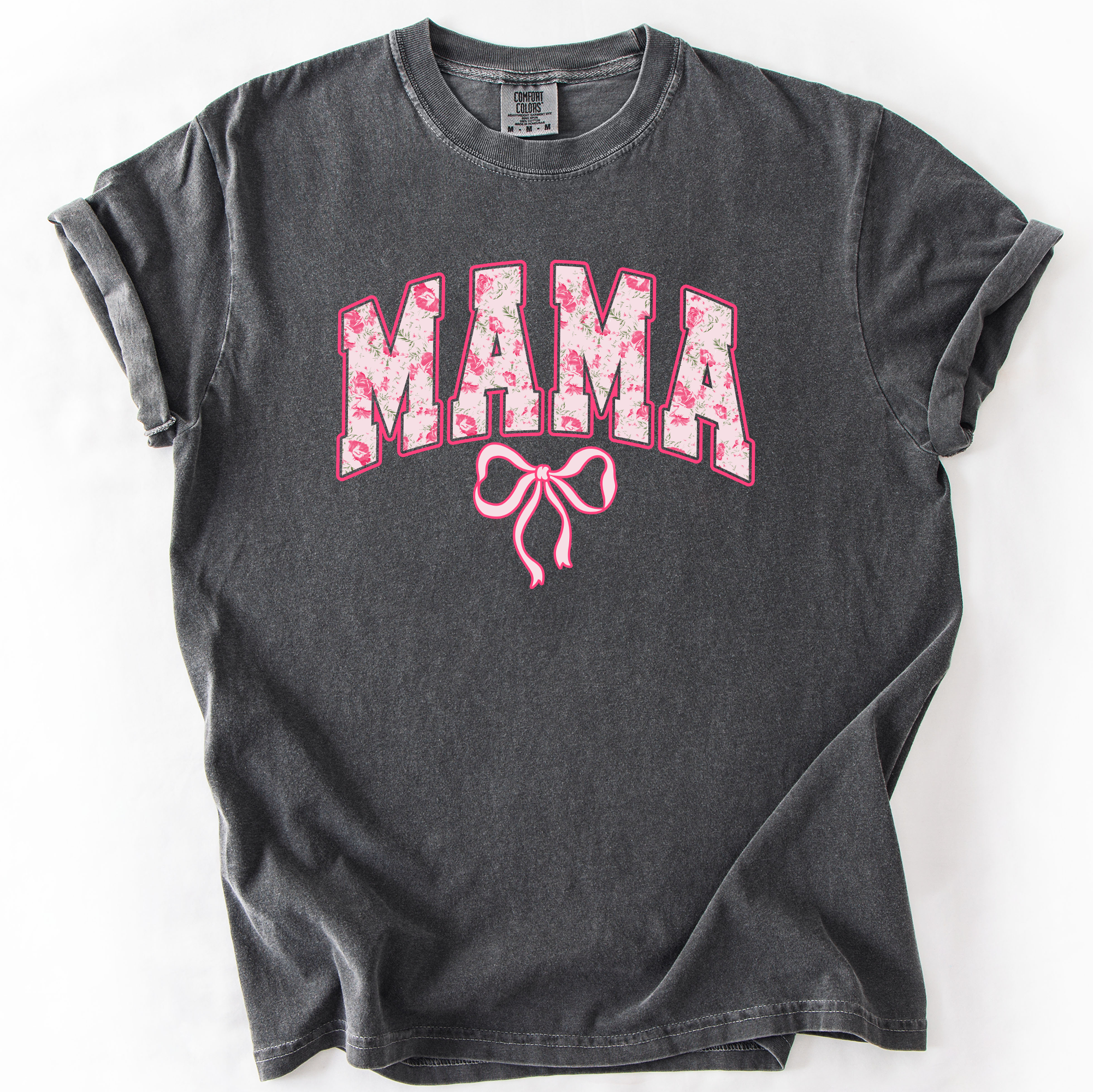 Mama Pink Coquette Ribbons Whimsical Vintage Inspired Floral Accents Comfort Colors Tee