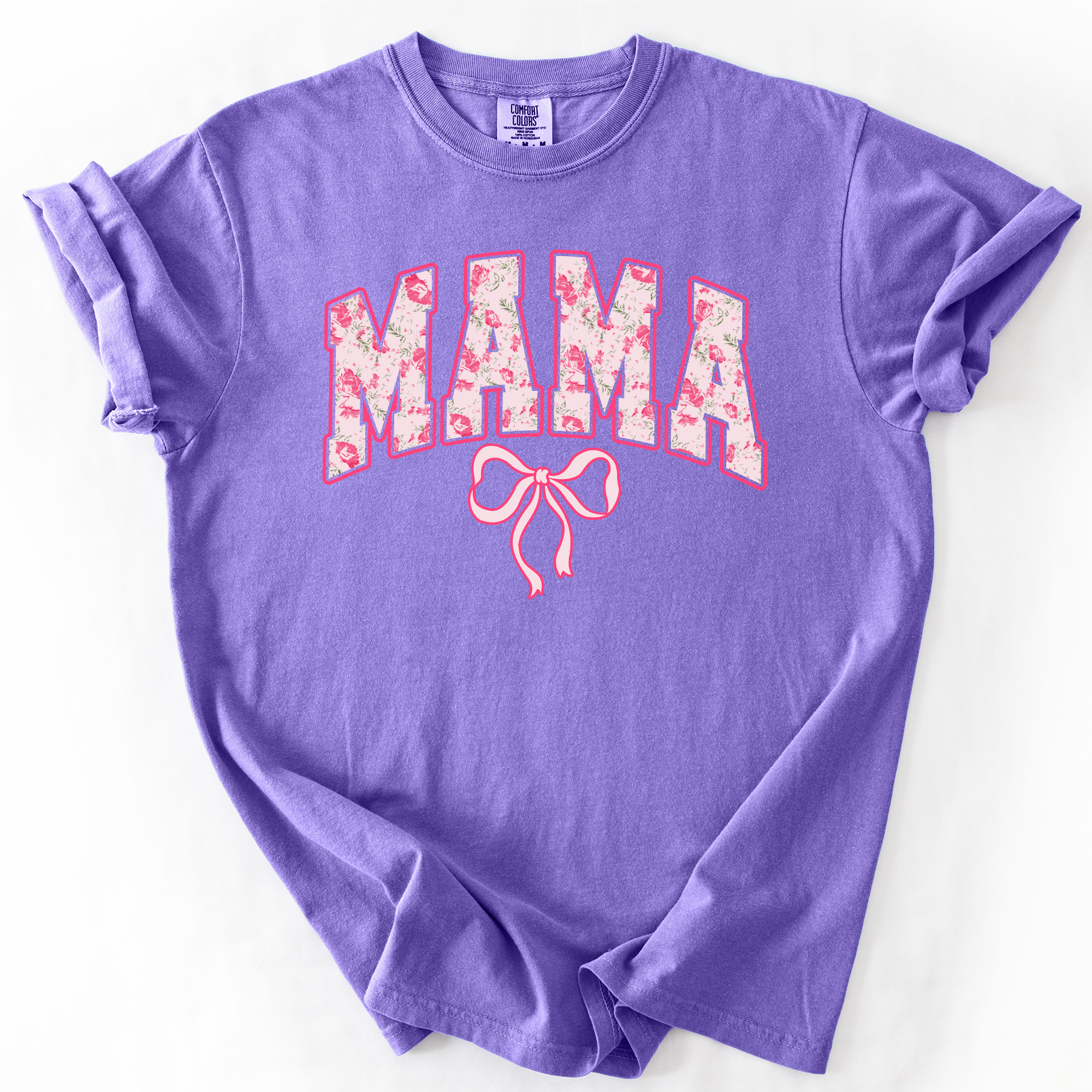 Mama Pink Coquette Ribbons Whimsical Vintage Inspired Floral Accents Comfort Colors Tee