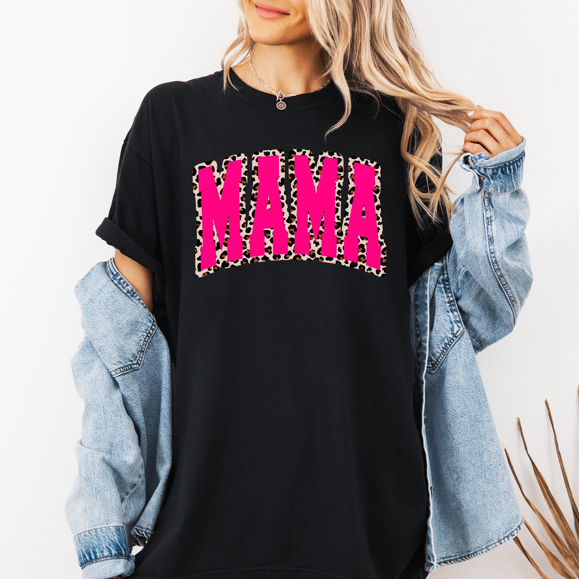 Mama Pink Leopard Print Retro Varsity Vintage Mother's Day Graphic Comfort Colors Tee
