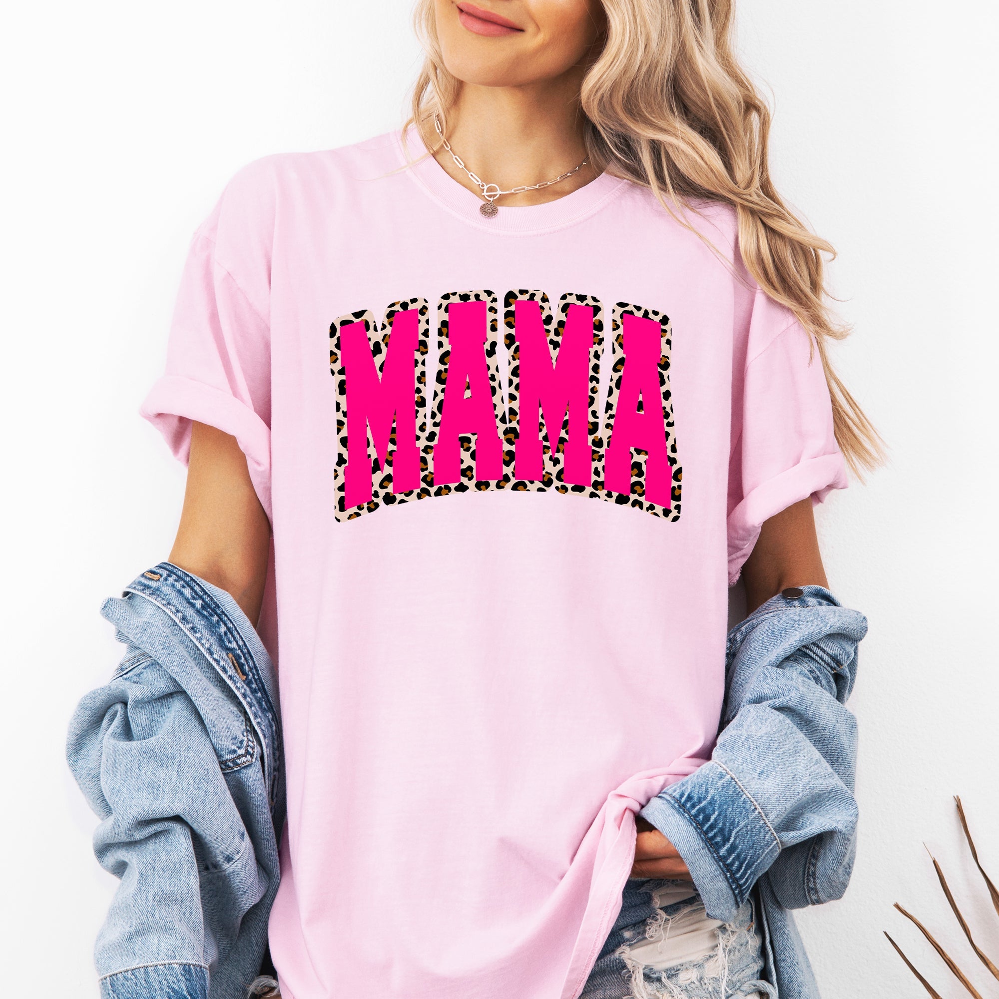 Mama Pink Leopard Print Retro Varsity Vintage Mother's Day Graphic Comfort Colors Tee