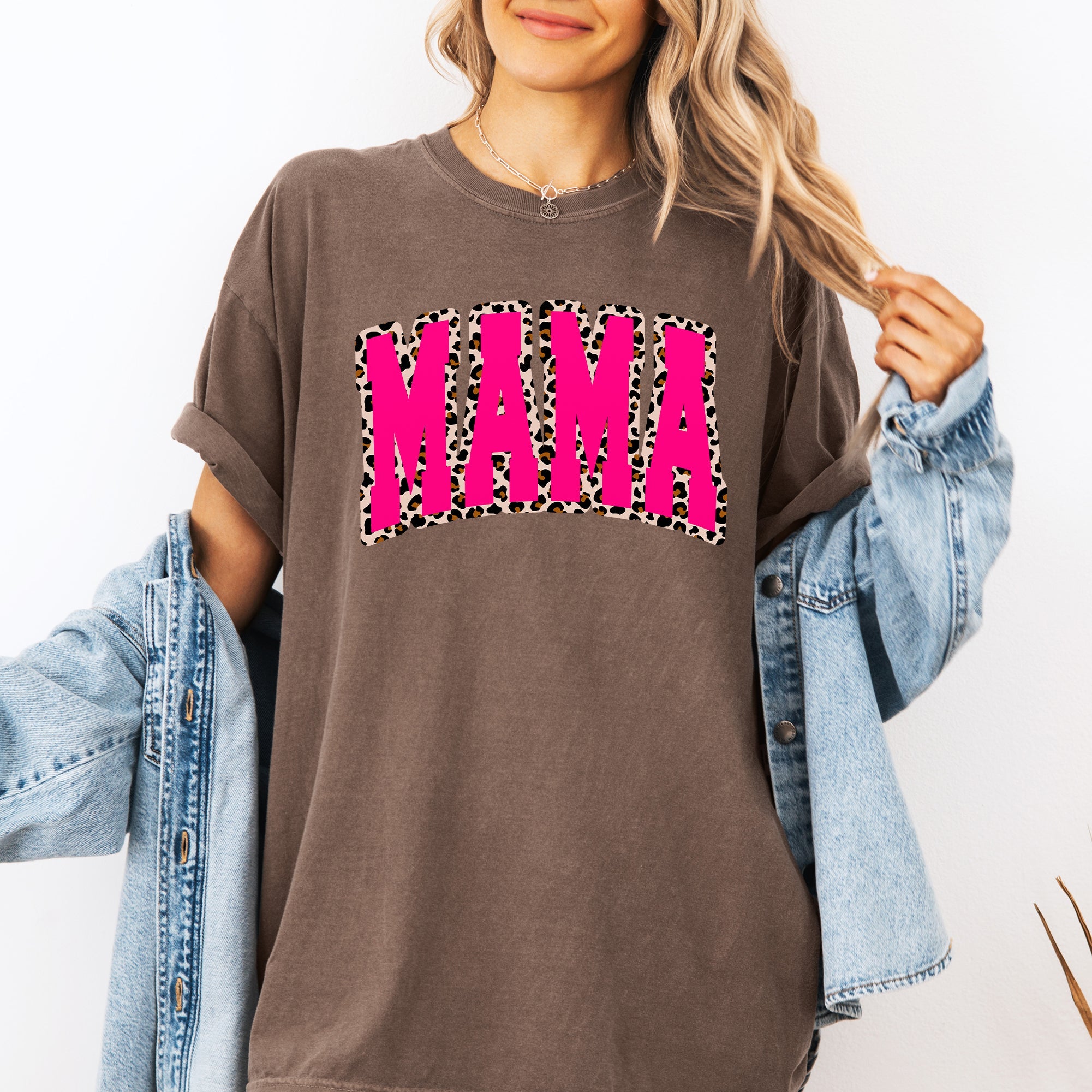 Mama Pink Leopard Print Retro Varsity Vintage Mother's Day Graphic Comfort Colors Tee