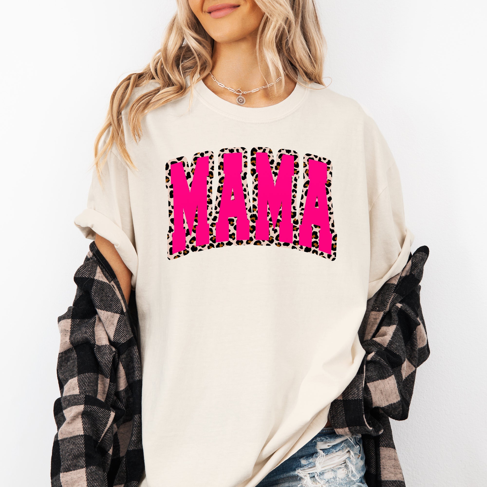 Mama Pink Leopard Print Retro Varsity Vintage Mother's Day Graphic Comfort Colors Tee