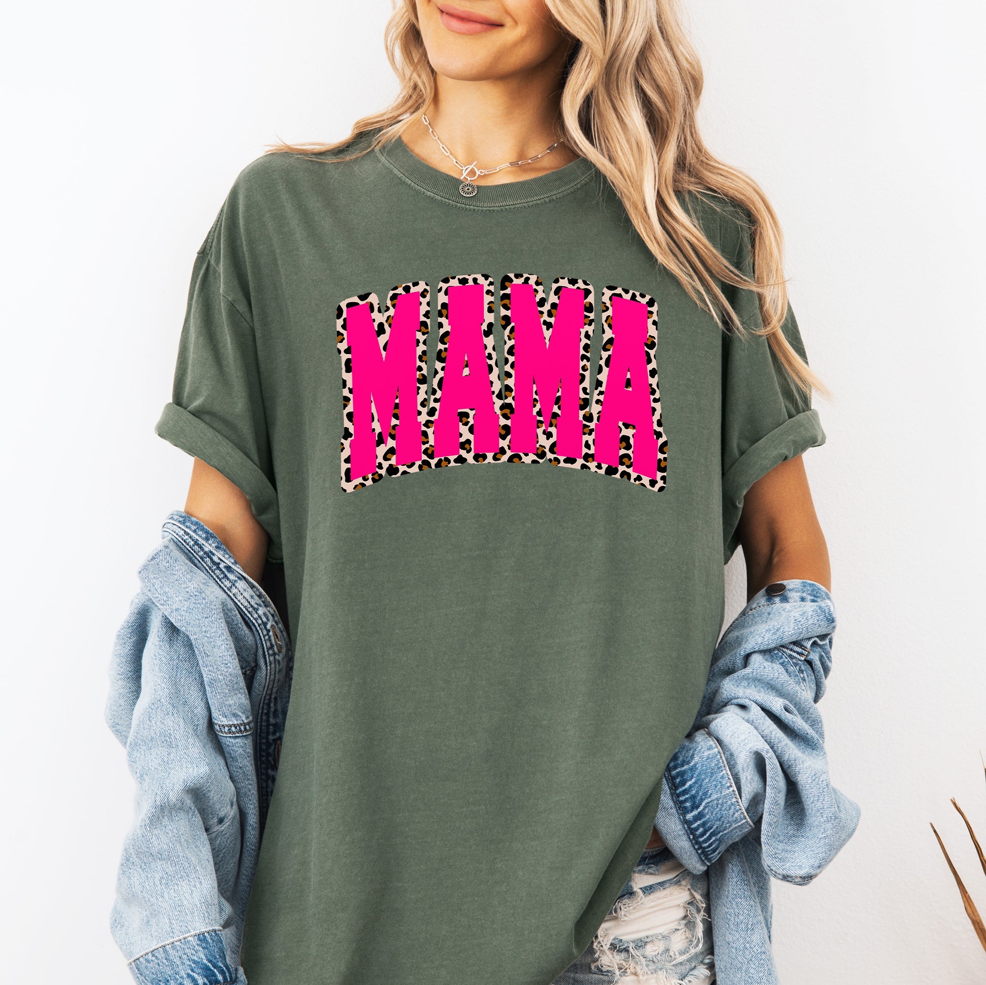 Mama Pink Leopard Print Retro Varsity Vintage Mother's Day Graphic Comfort Colors Tee