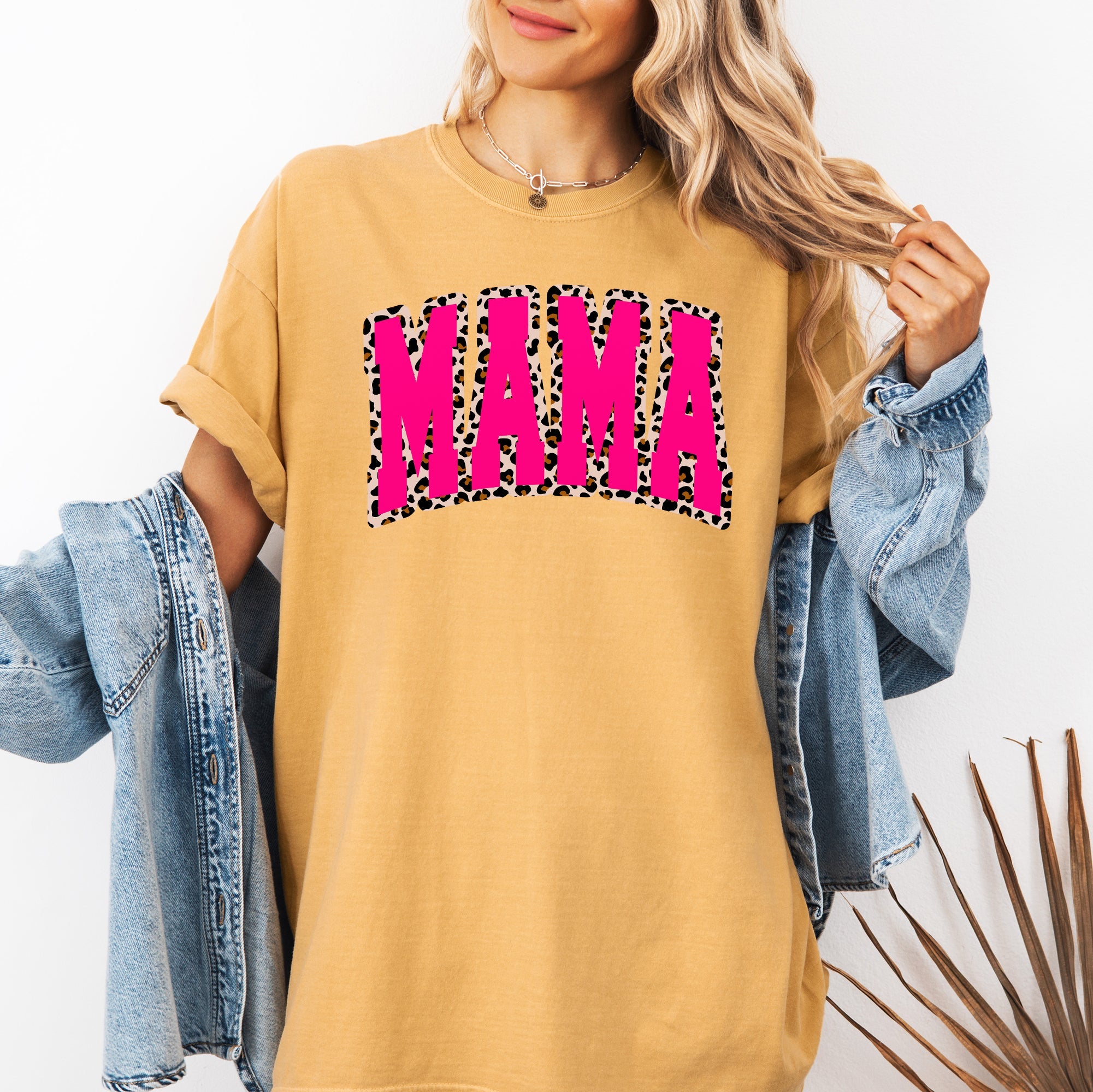 Mama Pink Leopard Print Retro Varsity Vintage Mother's Day Graphic Comfort Colors Tee