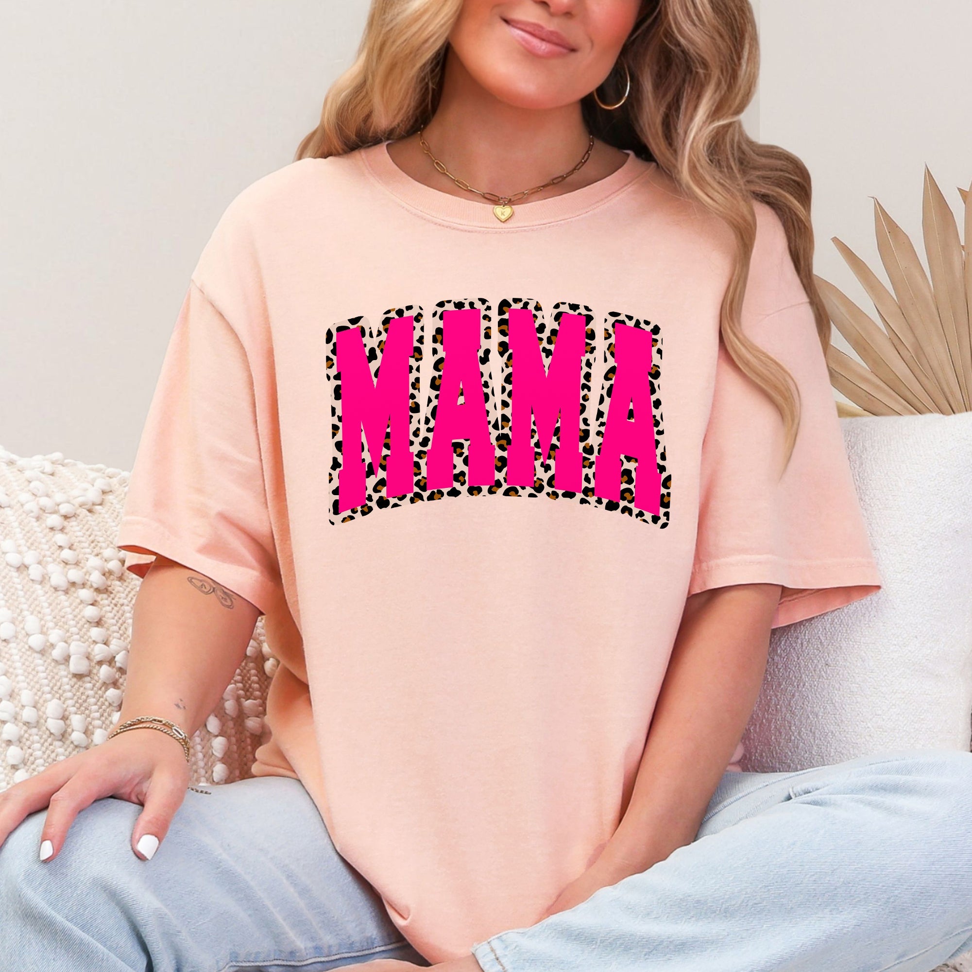 Mama Pink Leopard Print Retro Varsity Vintage Mother's Day Graphic Comfort Colors Tee