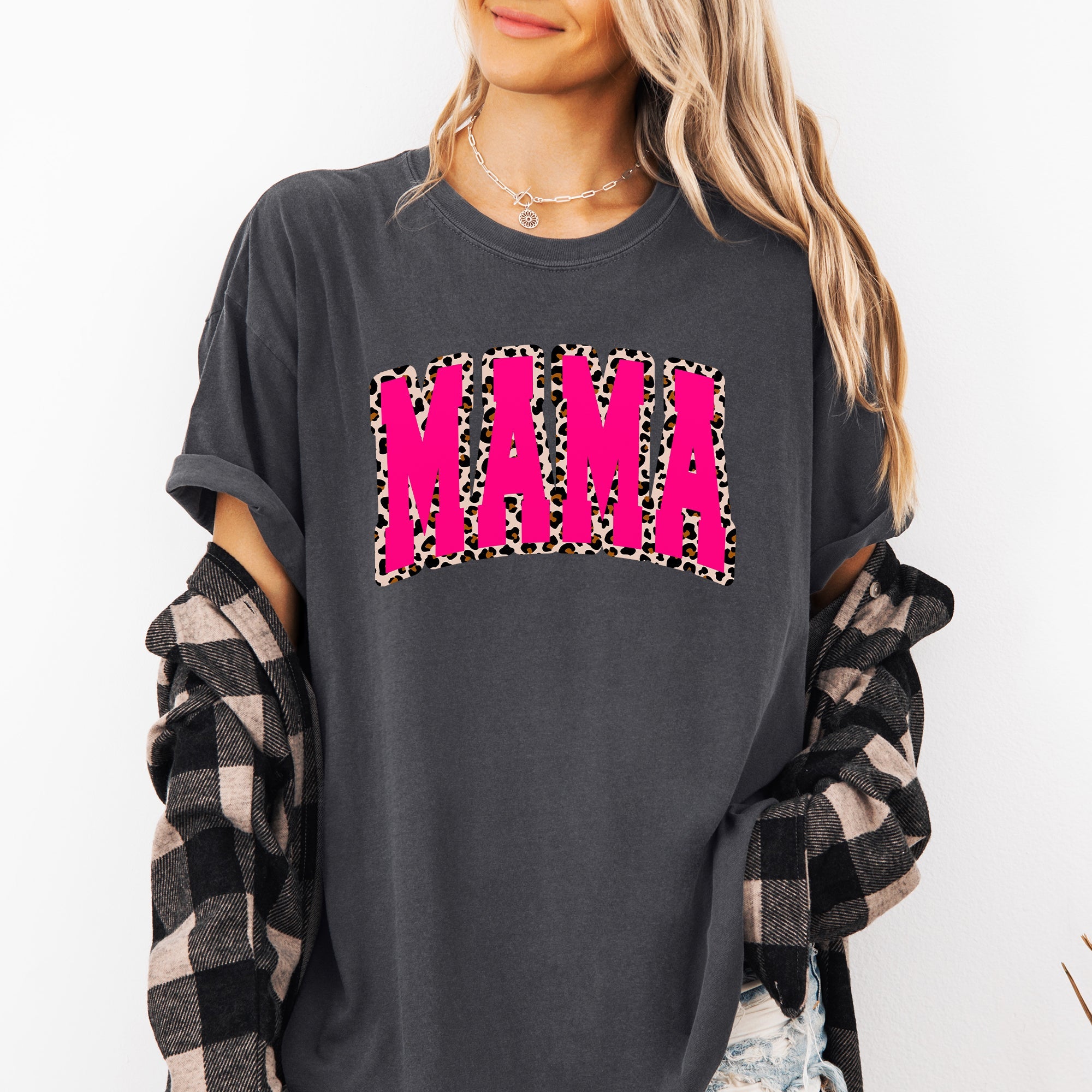 Mama Pink Leopard Print Retro Varsity Vintage Mother's Day Graphic Comfort Colors Tee