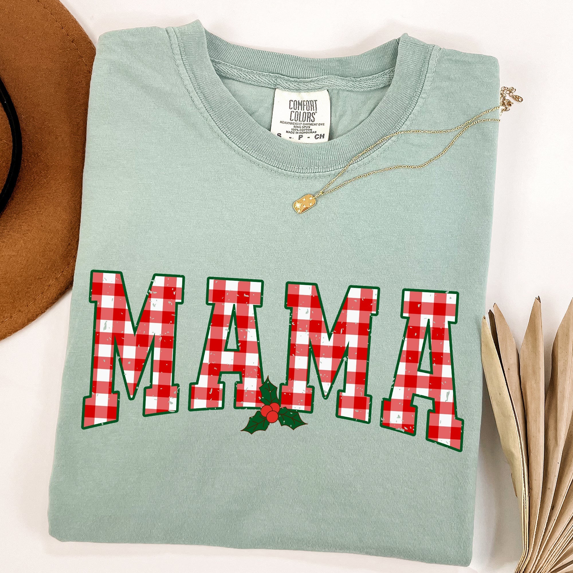 Mama Red Checkered Christmas Plaid Holly Santa Xmas Vintage Winter Cheer Comfort Colors Tee