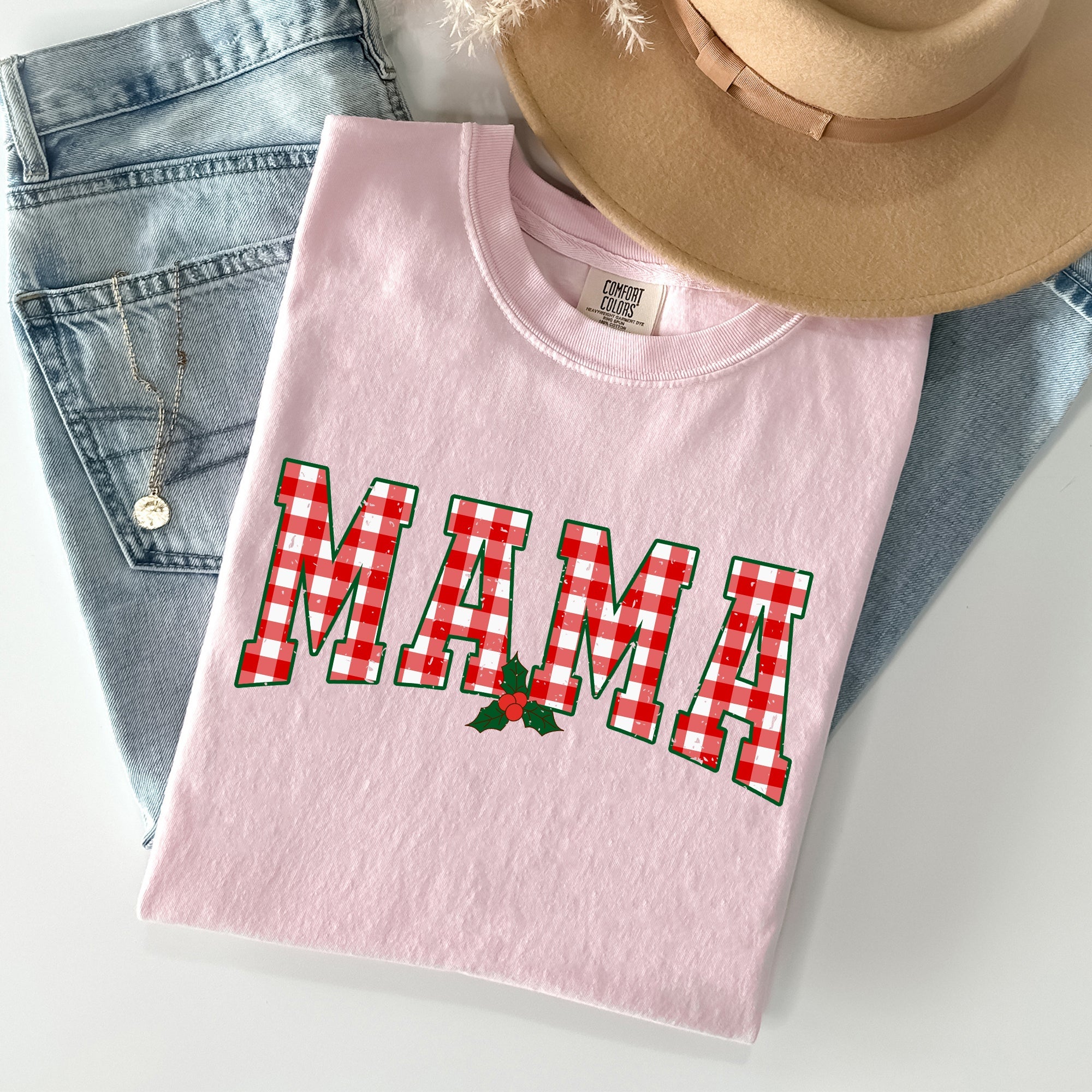 Mama Red Checkered Christmas Plaid Holly Santa Xmas Vintage Winter Cheer Comfort Colors Tee