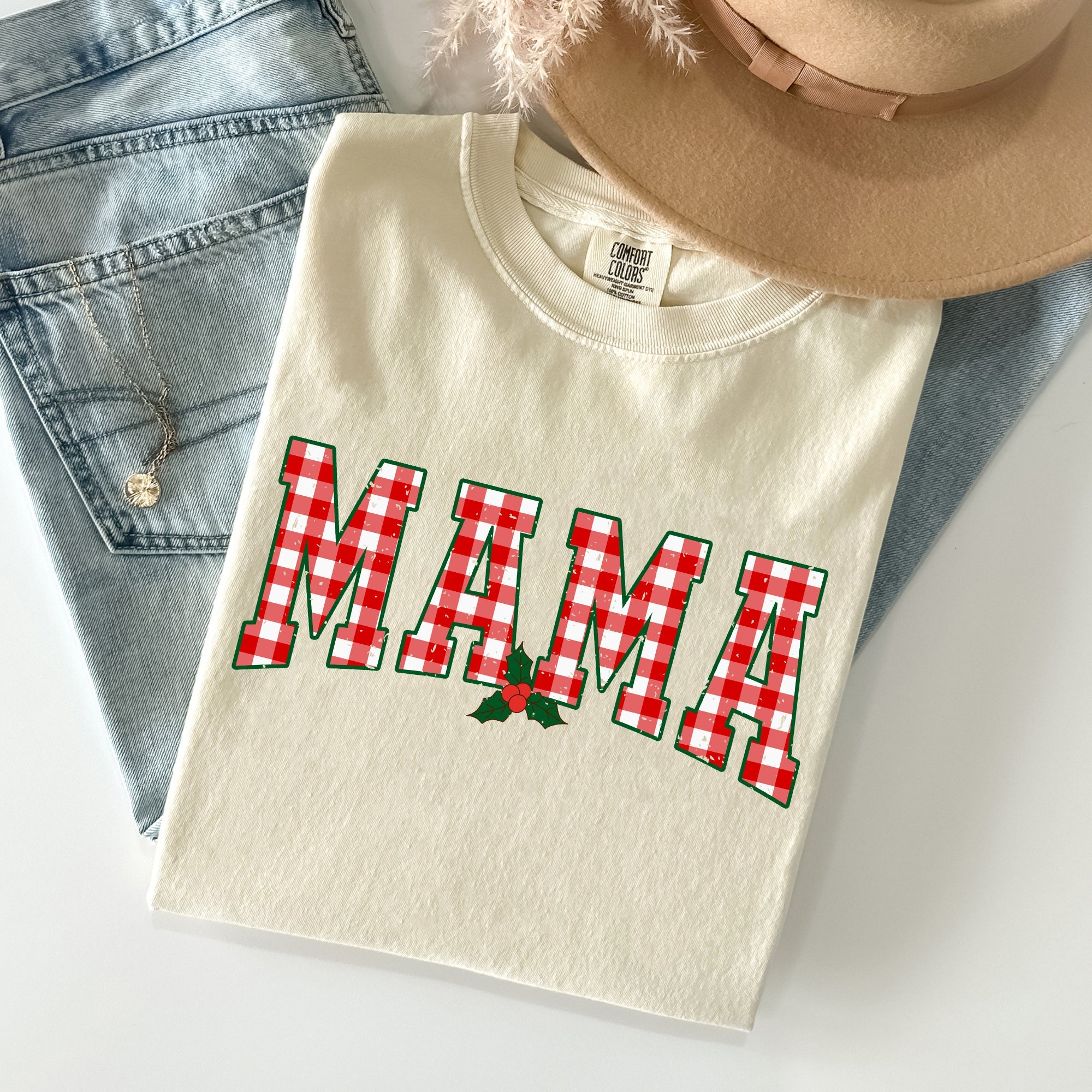 Mama Red Checkered Christmas Plaid Holly Santa Xmas Vintage Winter Cheer Comfort Colors Tee