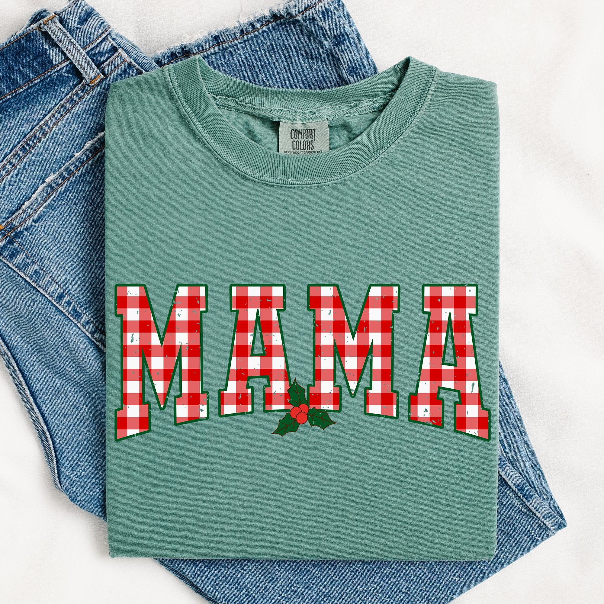 Mama Red Checkered Christmas Plaid Holly Santa Xmas Vintage Winter Cheer Comfort Colors Tee