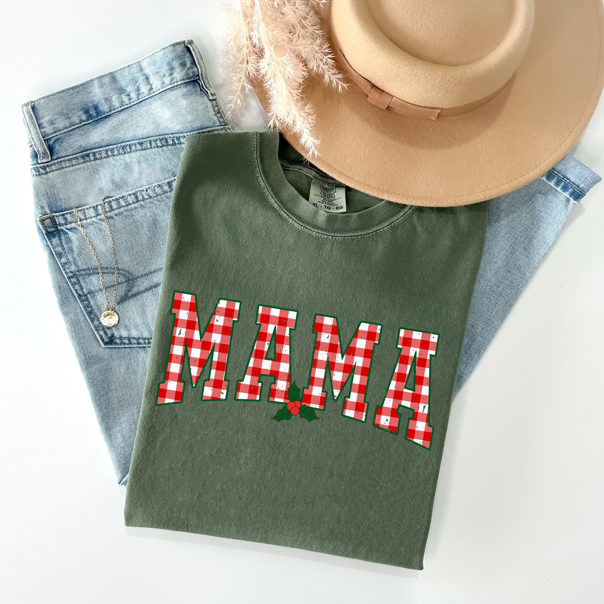 Mama Red Checkered Christmas Plaid Holly Santa Xmas Vintage Winter Cheer Comfort Colors Tee