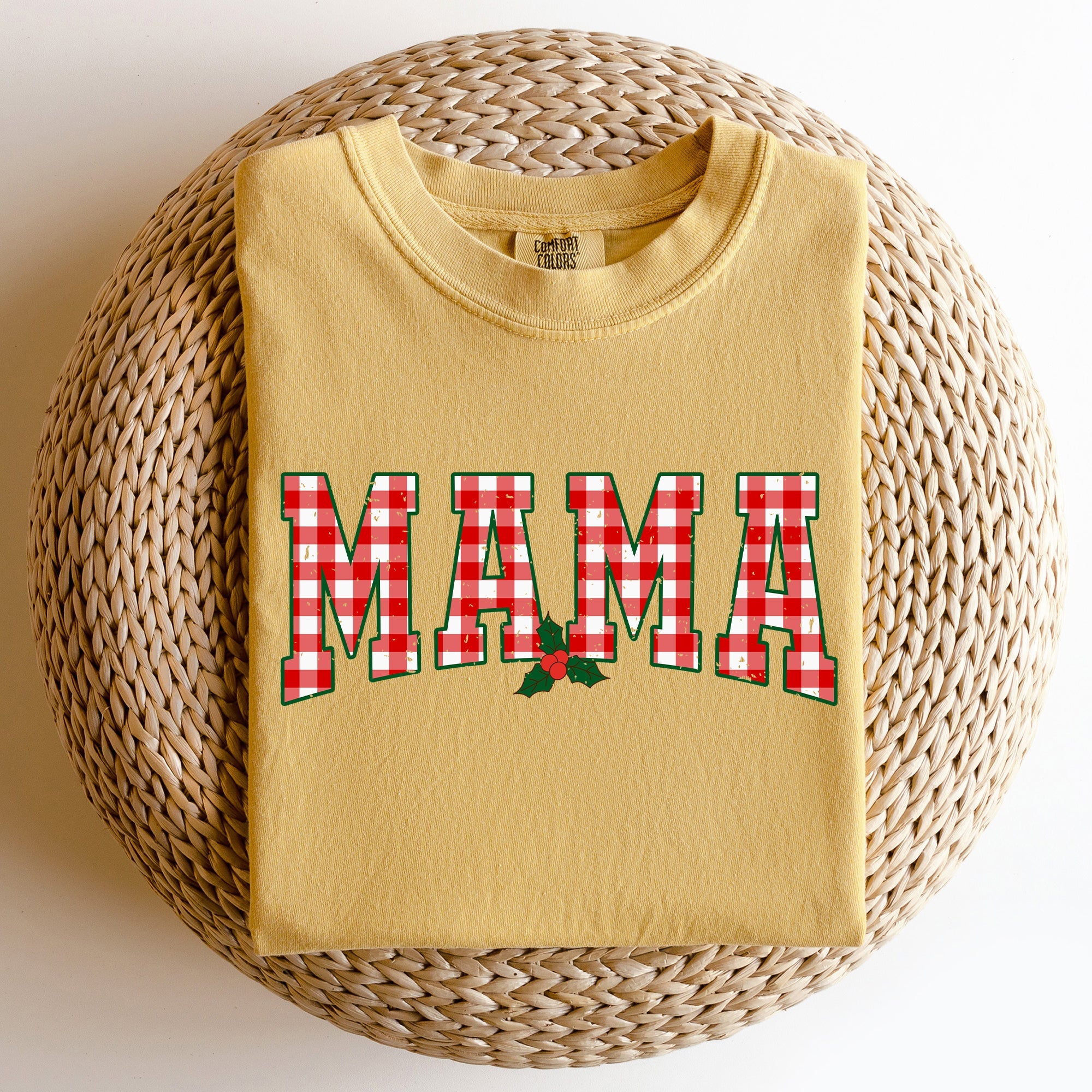 Mama Red Checkered Christmas Plaid Holly Santa Xmas Vintage Winter Cheer Comfort Colors Tee