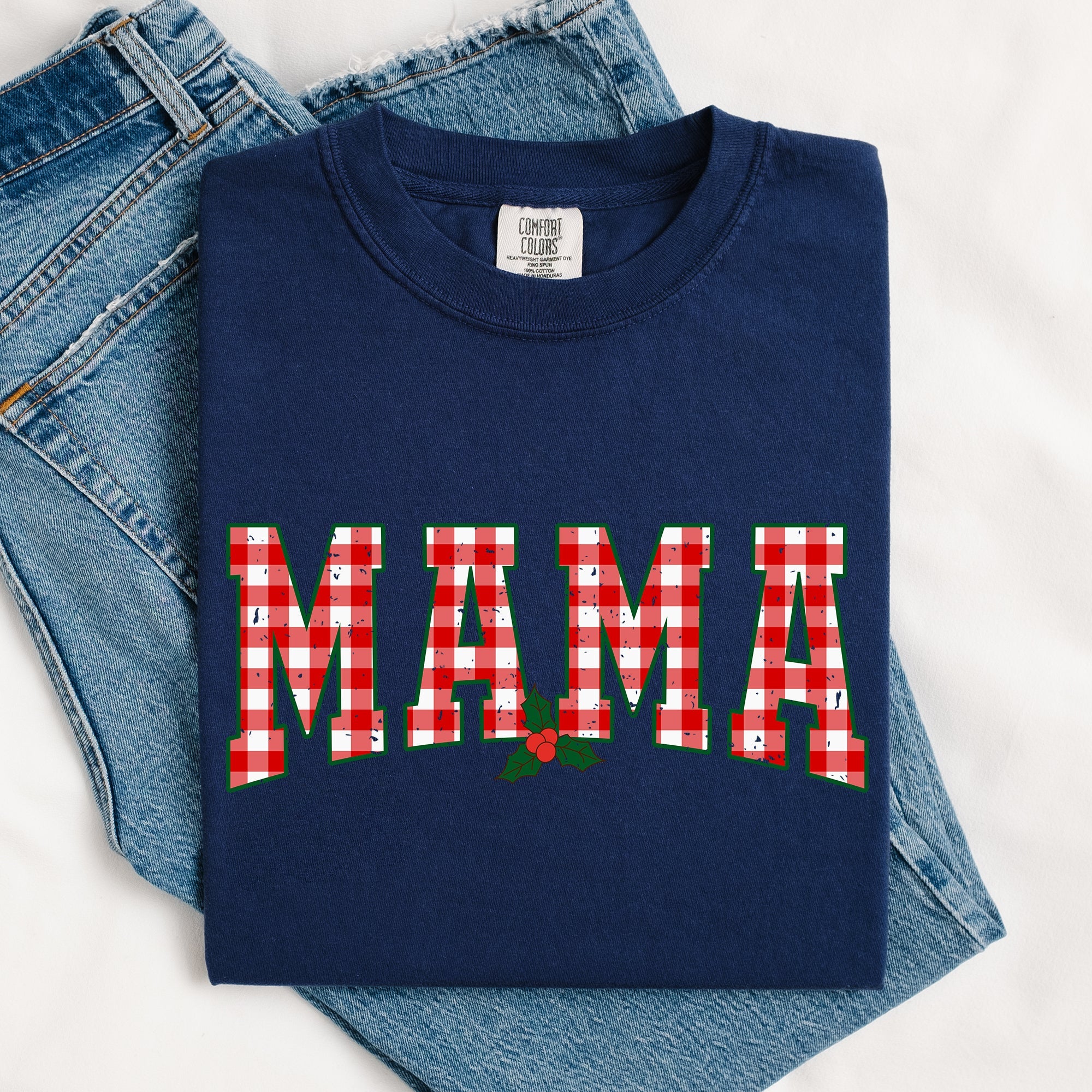 Mama Red Checkered Christmas Plaid Holly Santa Xmas Vintage Winter Cheer Comfort Colors Tee