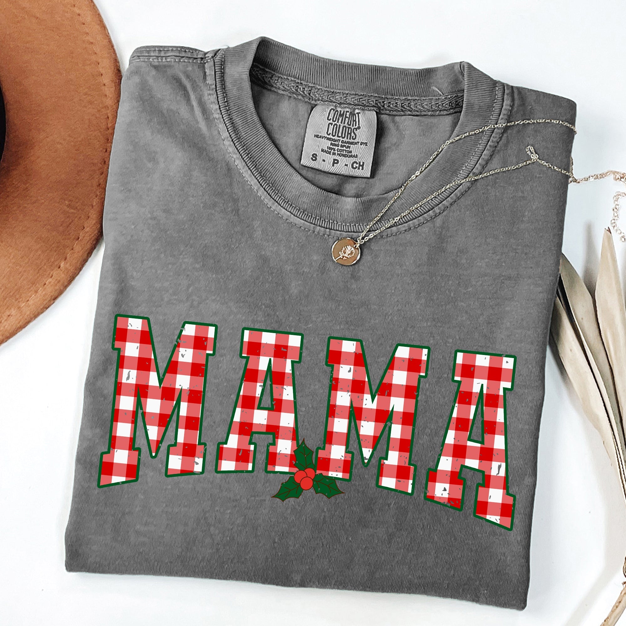 Mama Red Checkered Christmas Plaid Holly Santa Xmas Vintage Winter Cheer Comfort Colors Tee