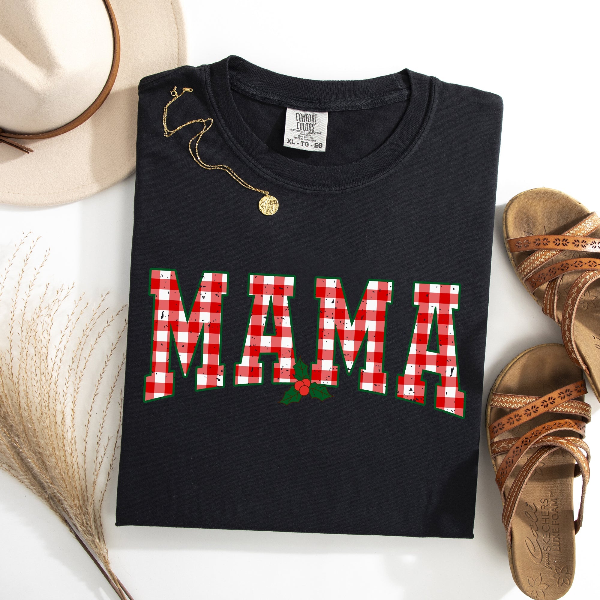 Mama Red Checkered Christmas Plaid Holly Santa Xmas Vintage Winter Cheer Comfort Colors Tee
