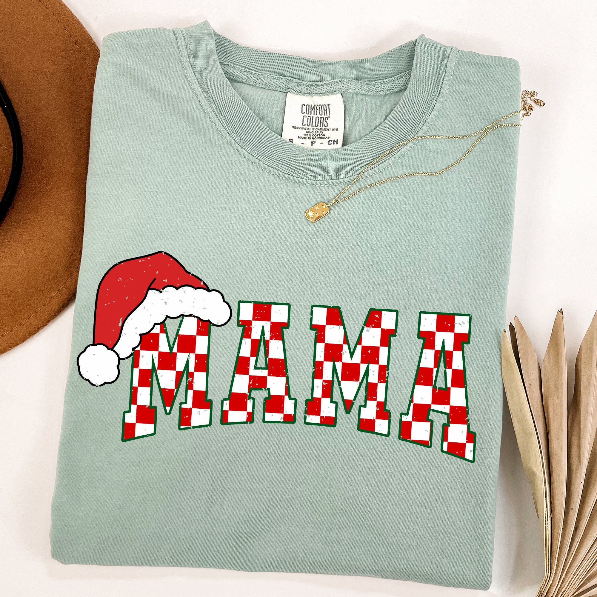 Mama Red Checkered Christmas Plaid Santa Winter Xmas Cozy Vintage Comfort Colors Tee