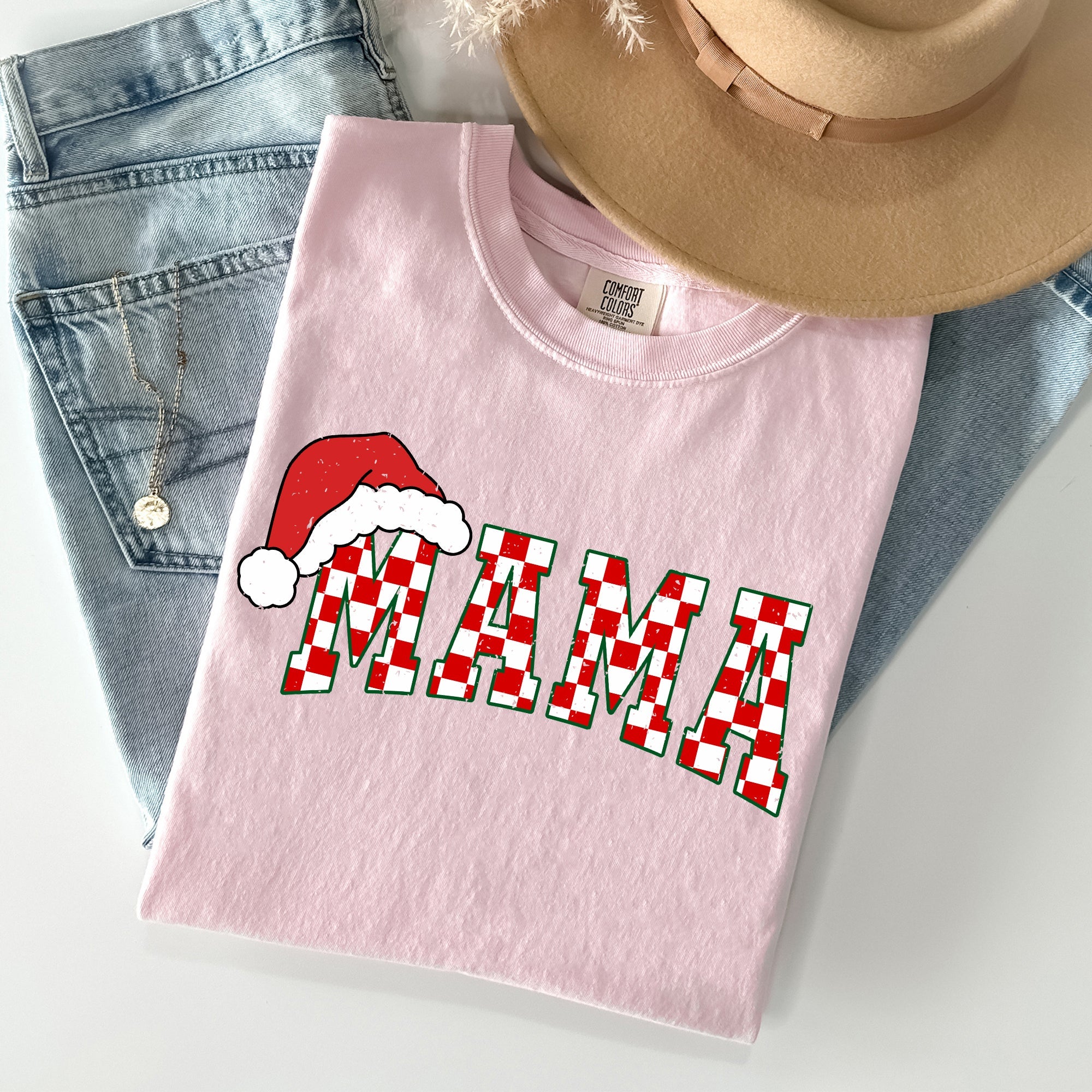 Mama Red Checkered Christmas Plaid Santa Winter Xmas Cozy Vintage Comfort Colors Tee