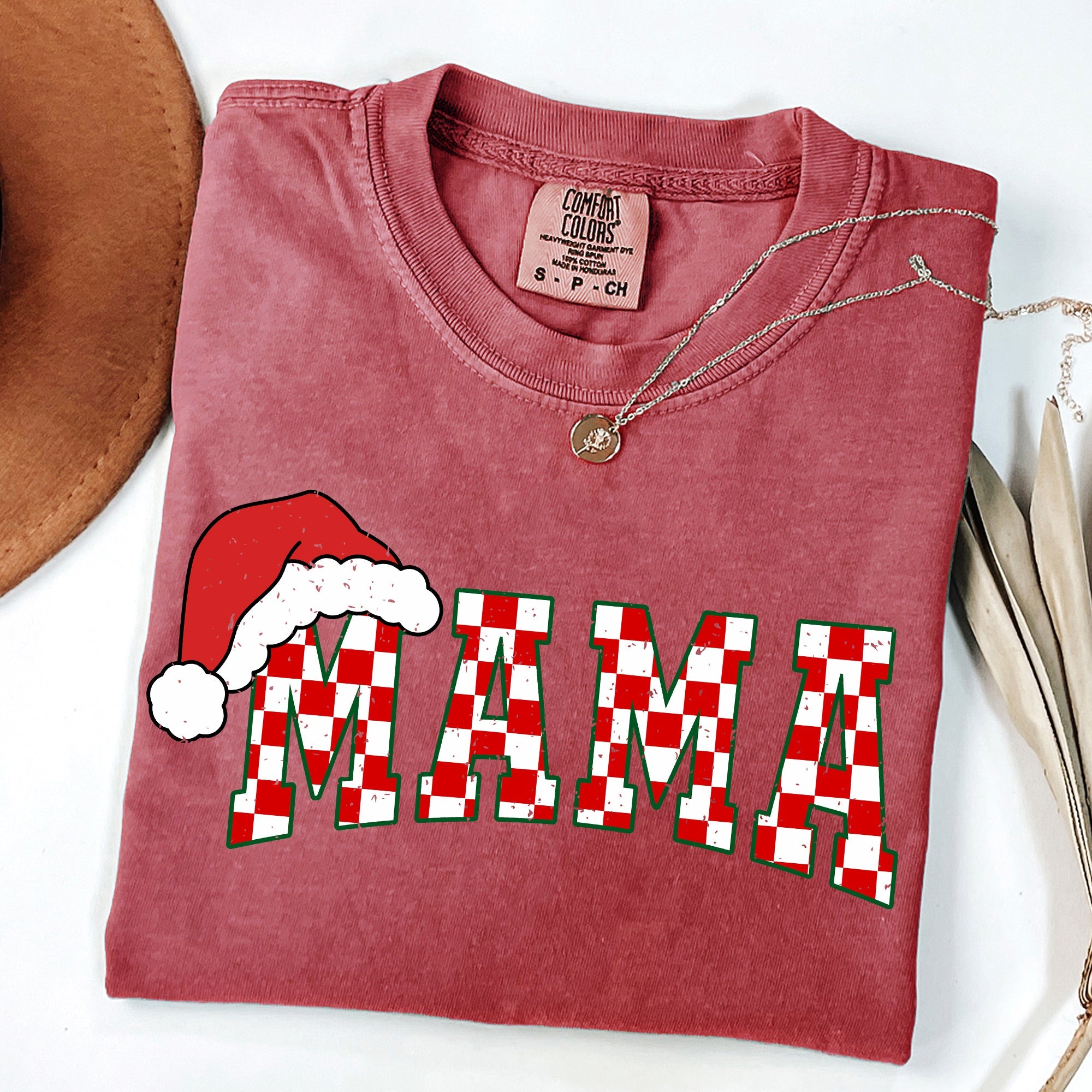 Mama Red Checkered Christmas Plaid Santa Winter Xmas Cozy Vintage Comfort Colors Tee