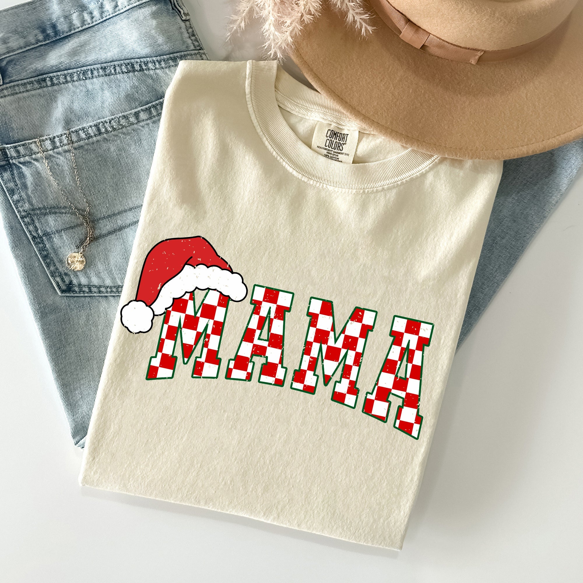 Mama Red Checkered Christmas Plaid Santa Winter Xmas Cozy Vintage Comfort Colors Tee