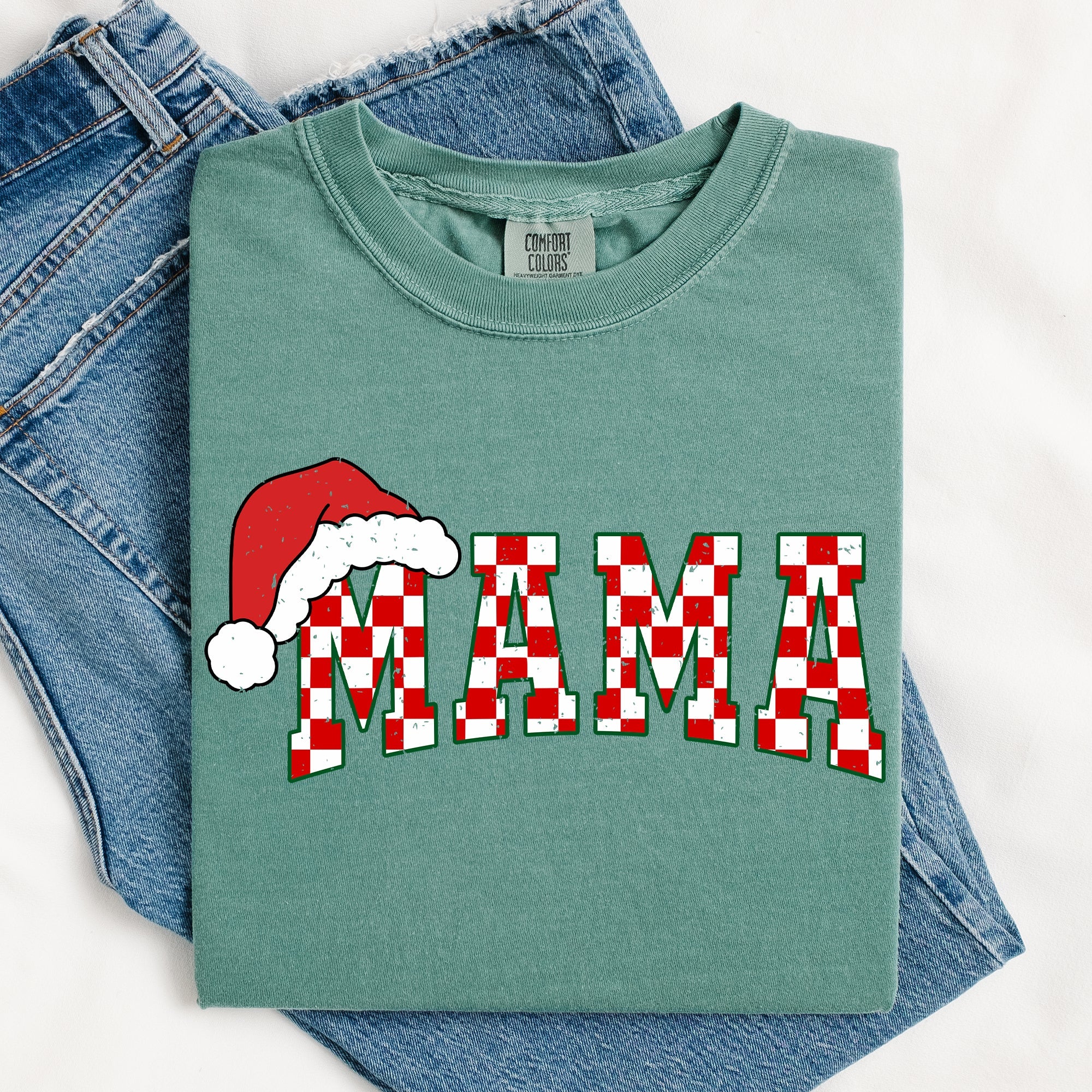 Mama Red Checkered Christmas Plaid Santa Winter Xmas Cozy Vintage Comfort Colors Tee