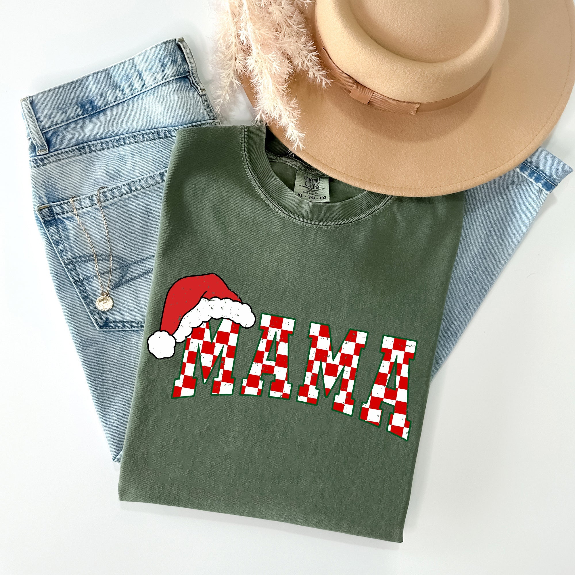 Mama Red Checkered Christmas Plaid Santa Winter Xmas Cozy Vintage Comfort Colors Tee