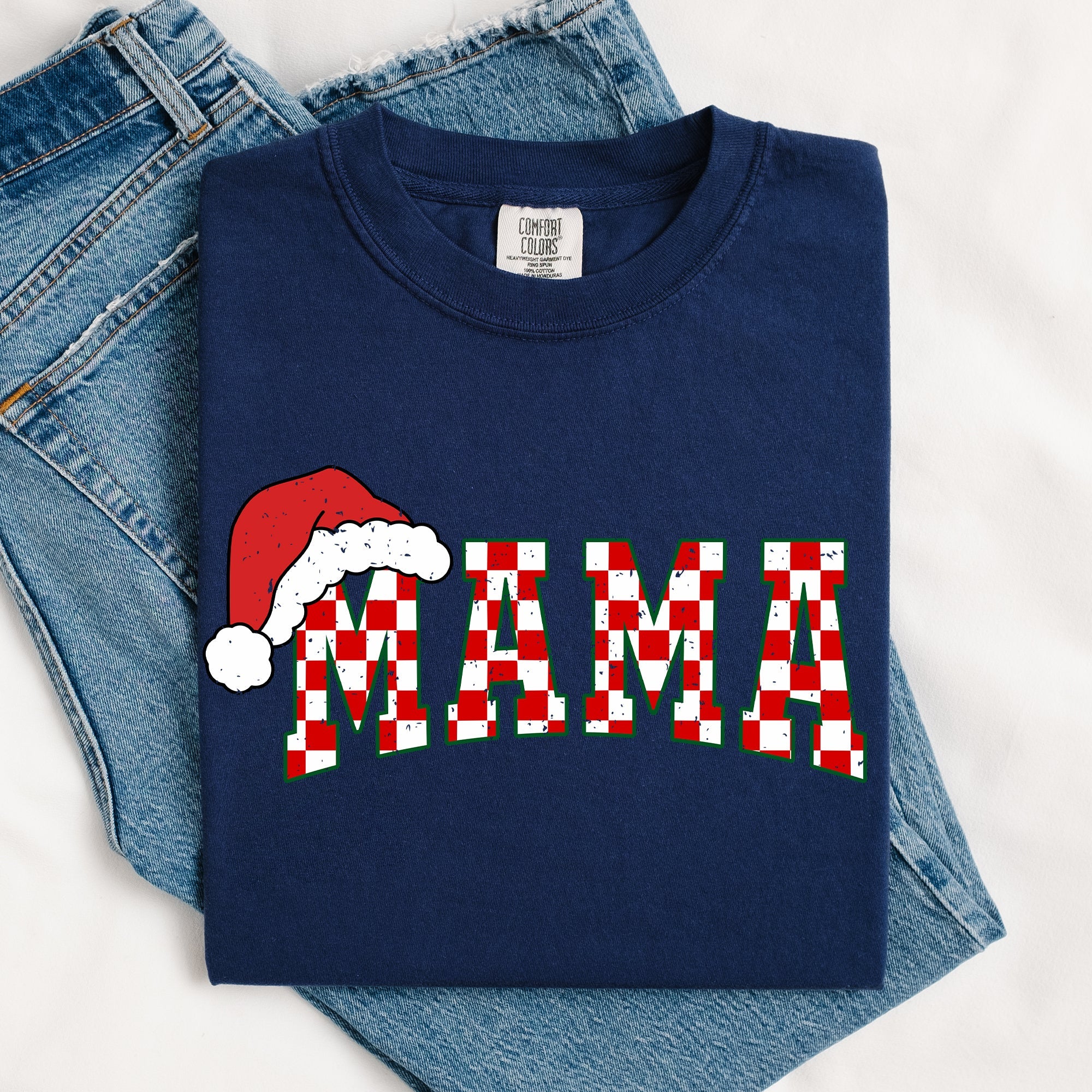 Mama Red Checkered Christmas Plaid Santa Winter Xmas Cozy Vintage Comfort Colors Tee