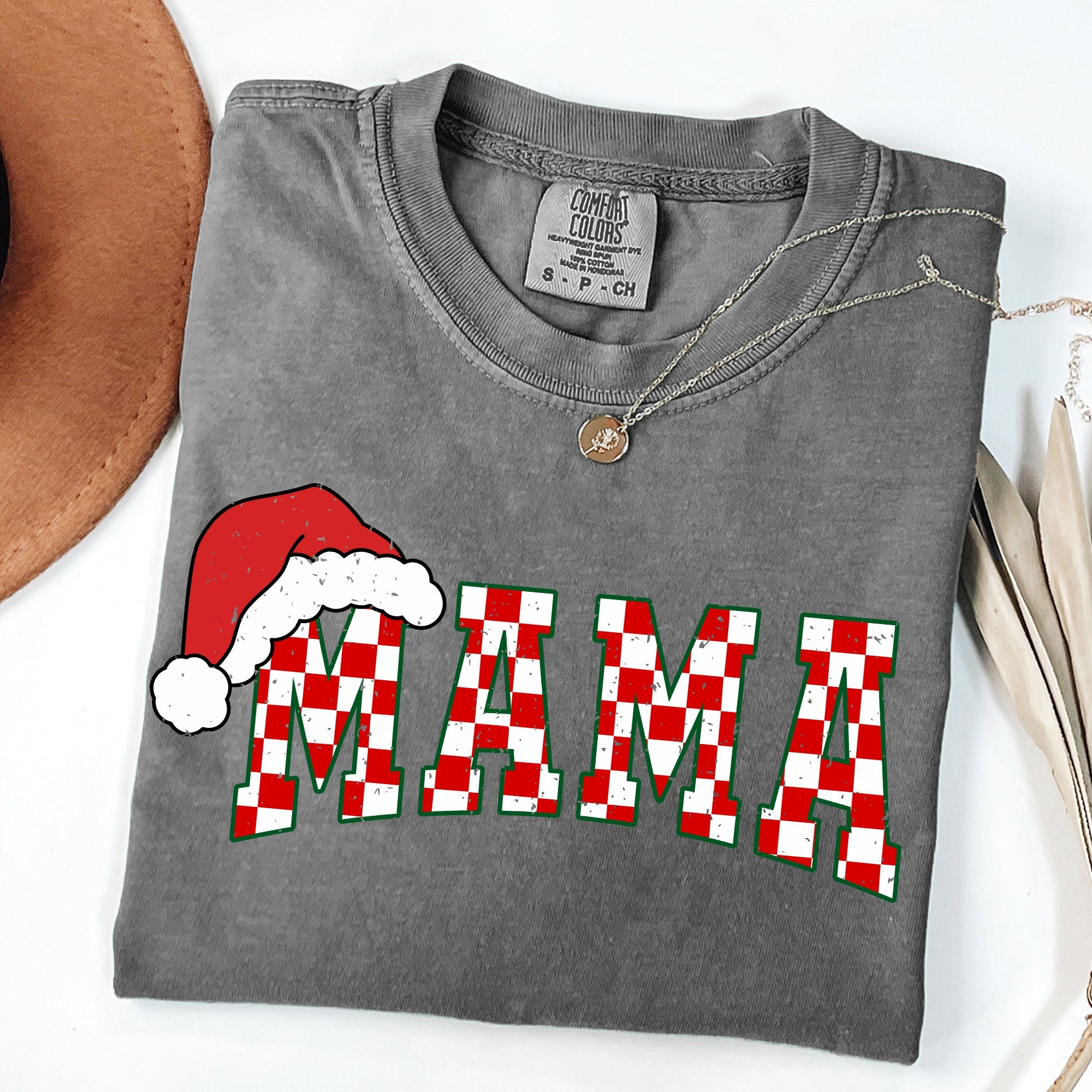 Mama Red Checkered Christmas Plaid Santa Winter Xmas Cozy Vintage Comfort Colors Tee