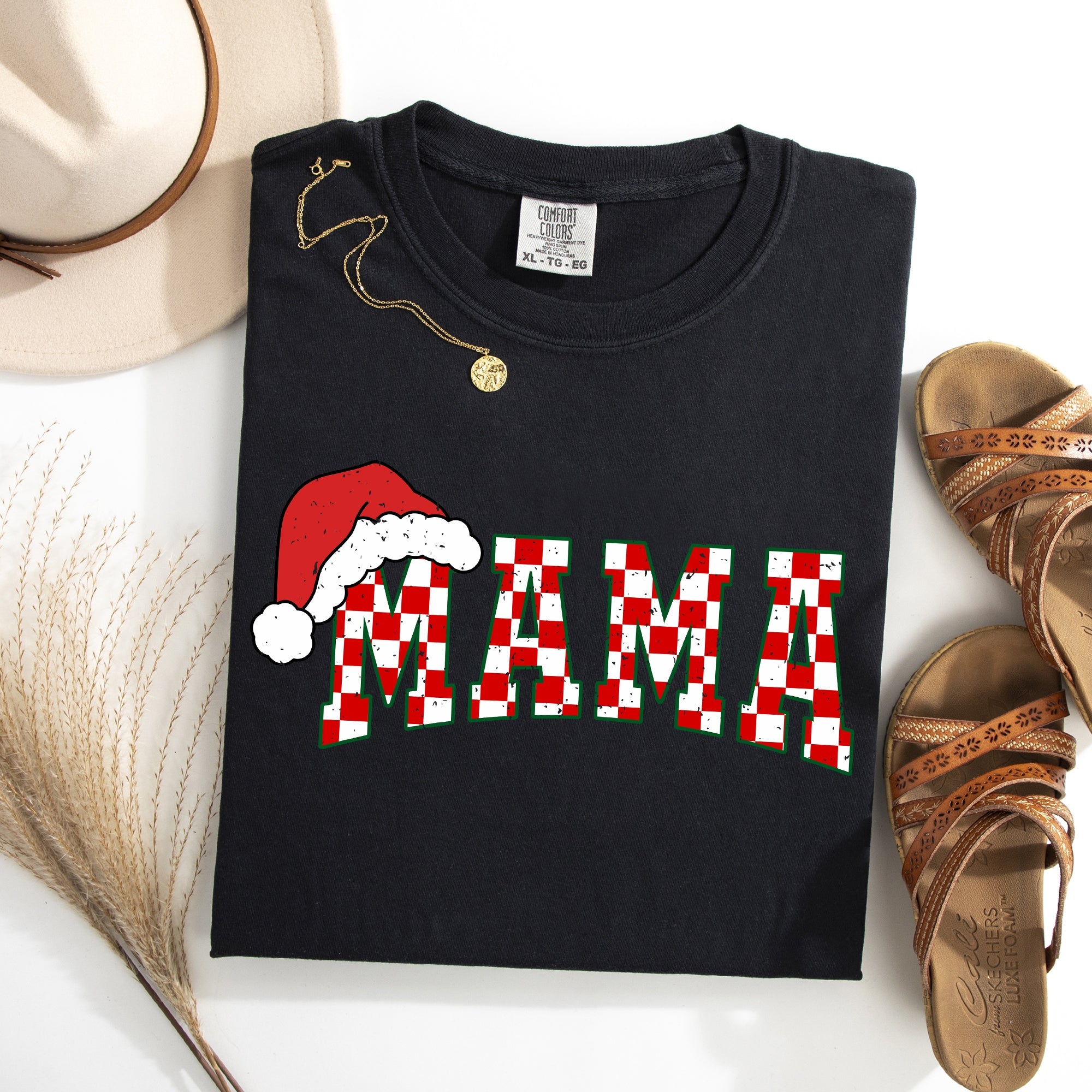 Mama Red Checkered Christmas Plaid Santa Winter Xmas Cozy Vintage Comfort Colors Tee