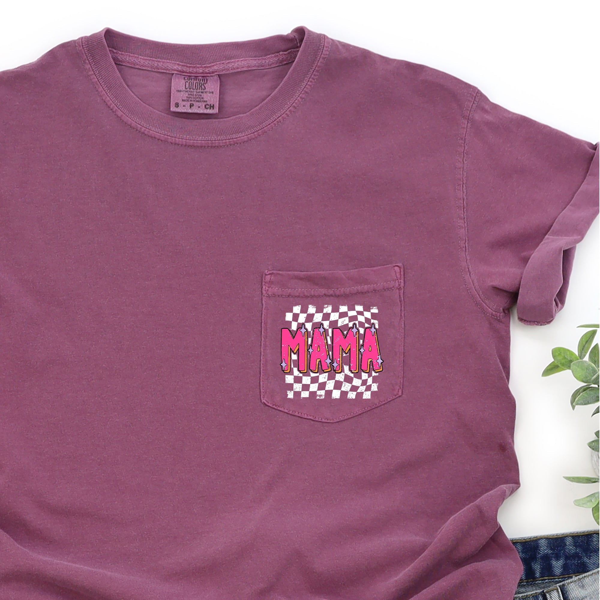 Mama Retro Checkered Colorful Pocket Vintage Hometown Style Heritage Comfort Colors Tee