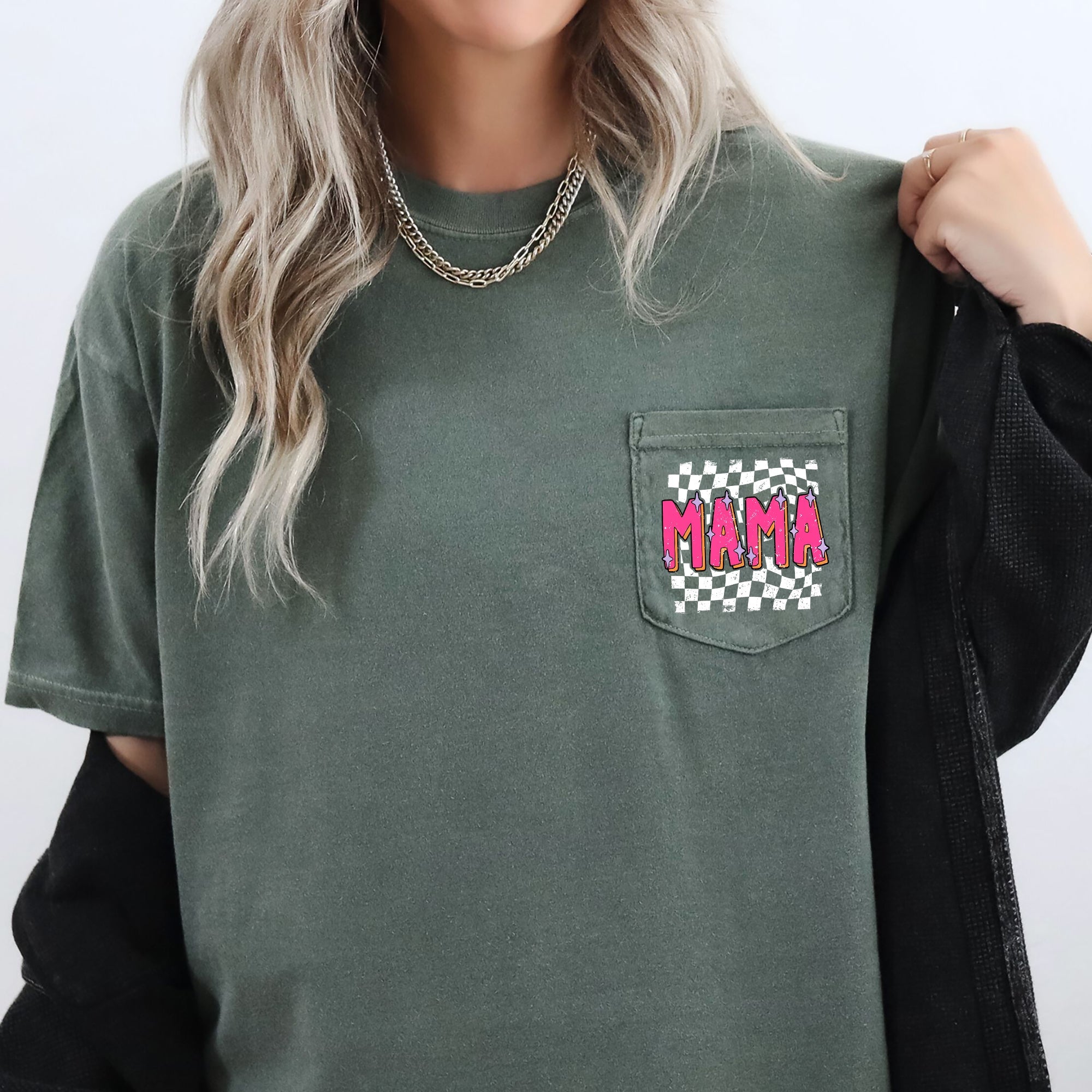 Mama Retro Checkered Colorful Pocket Vintage Hometown Style Heritage Comfort Colors Tee
