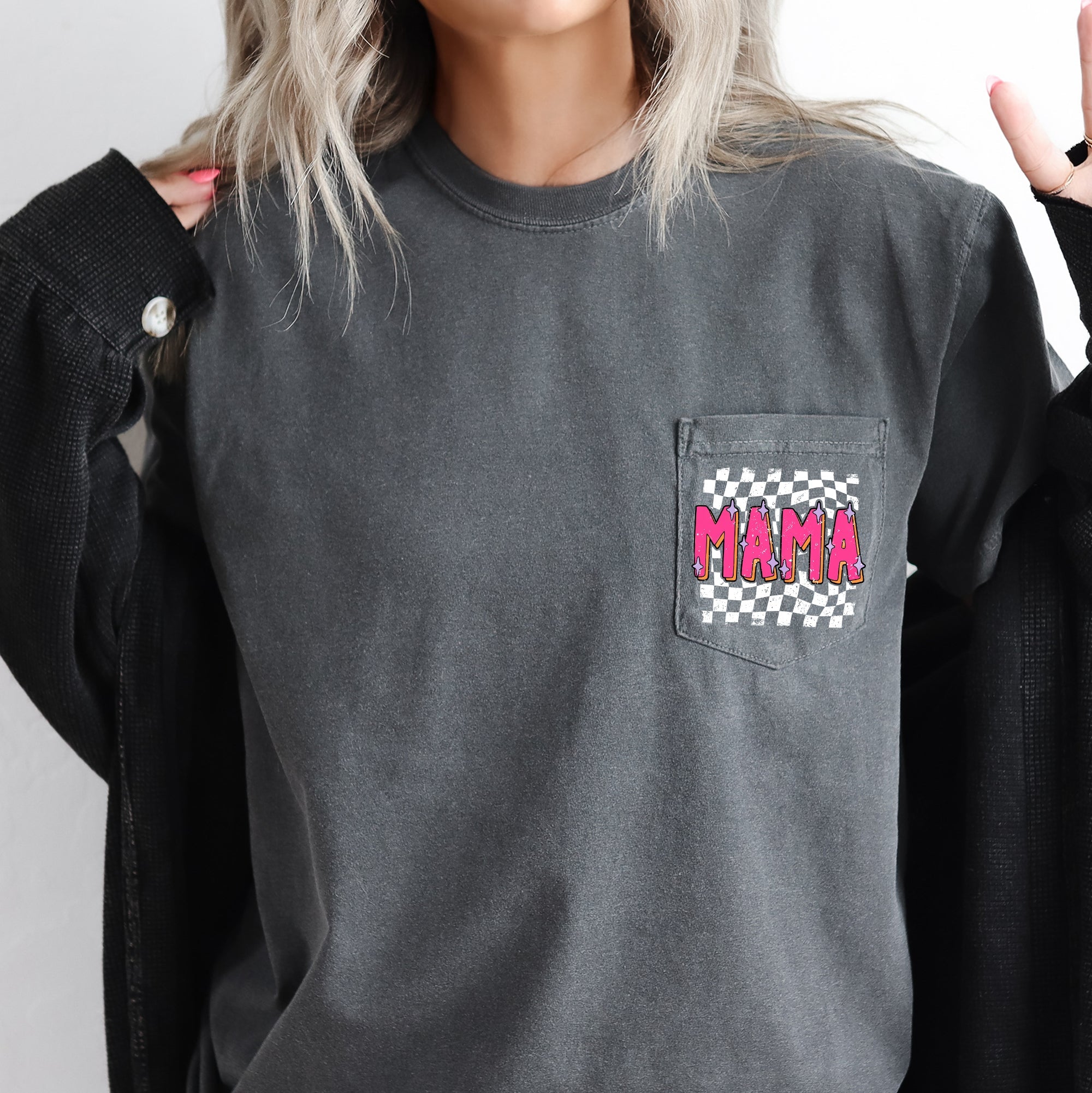 Mama Retro Checkered Colorful Pocket Vintage Hometown Style Heritage Comfort Colors Tee