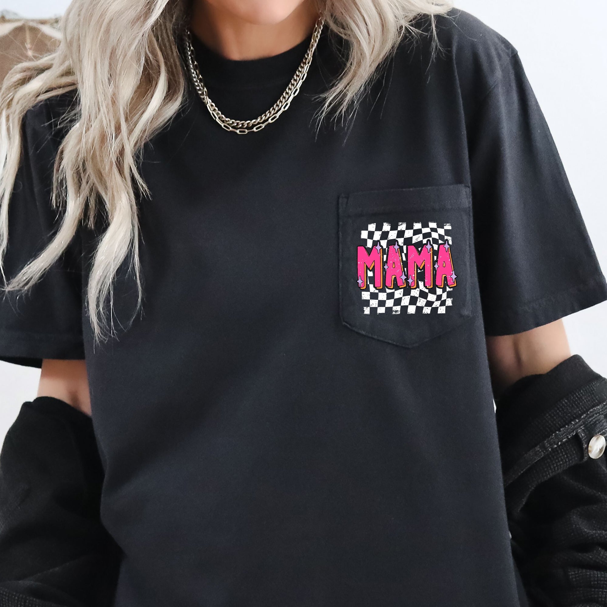 Mama Retro Checkered Colorful Pocket Vintage Hometown Style Heritage Comfort Colors Tee