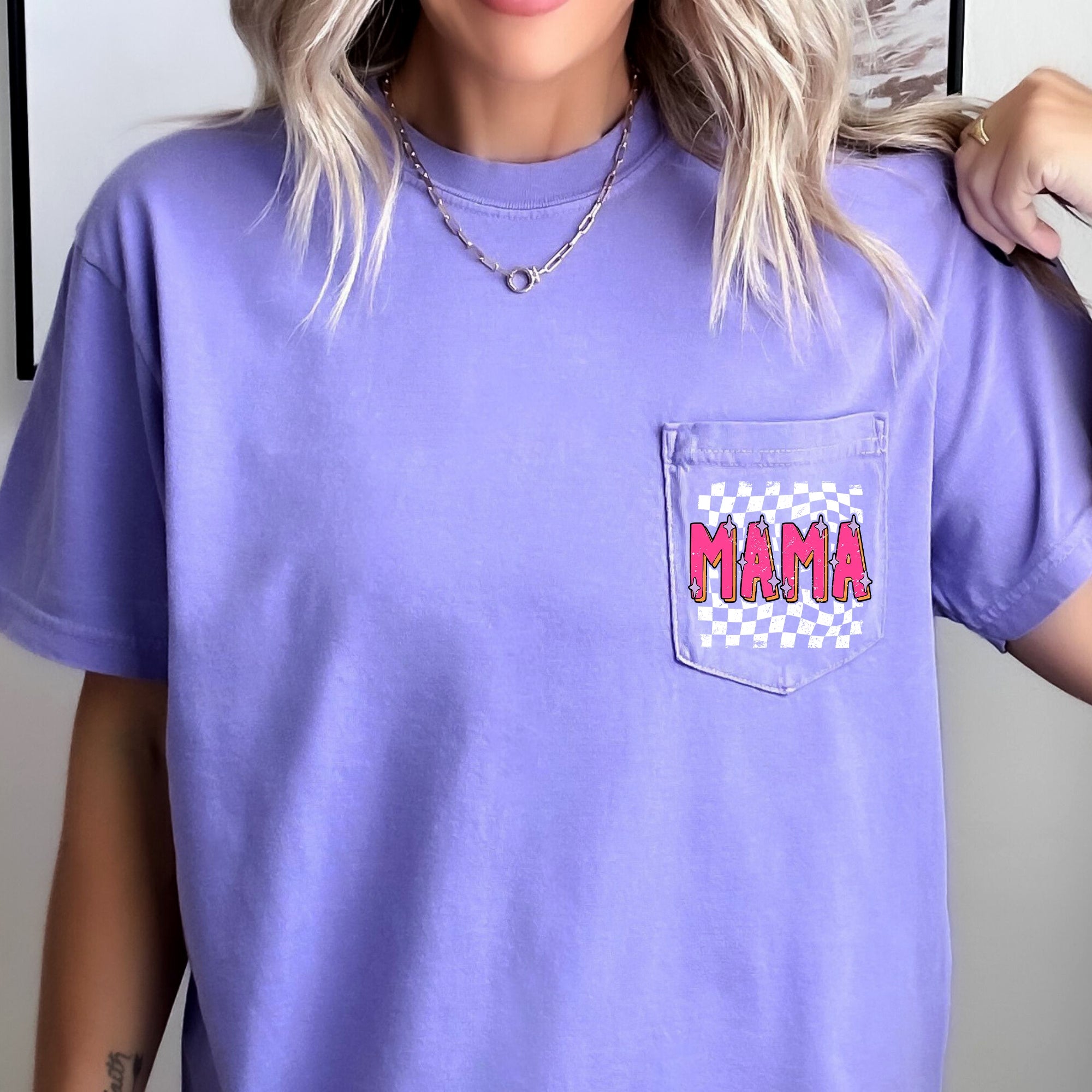 Mama Retro Checkered Colorful Pocket Vintage Hometown Style Heritage Comfort Colors Tee