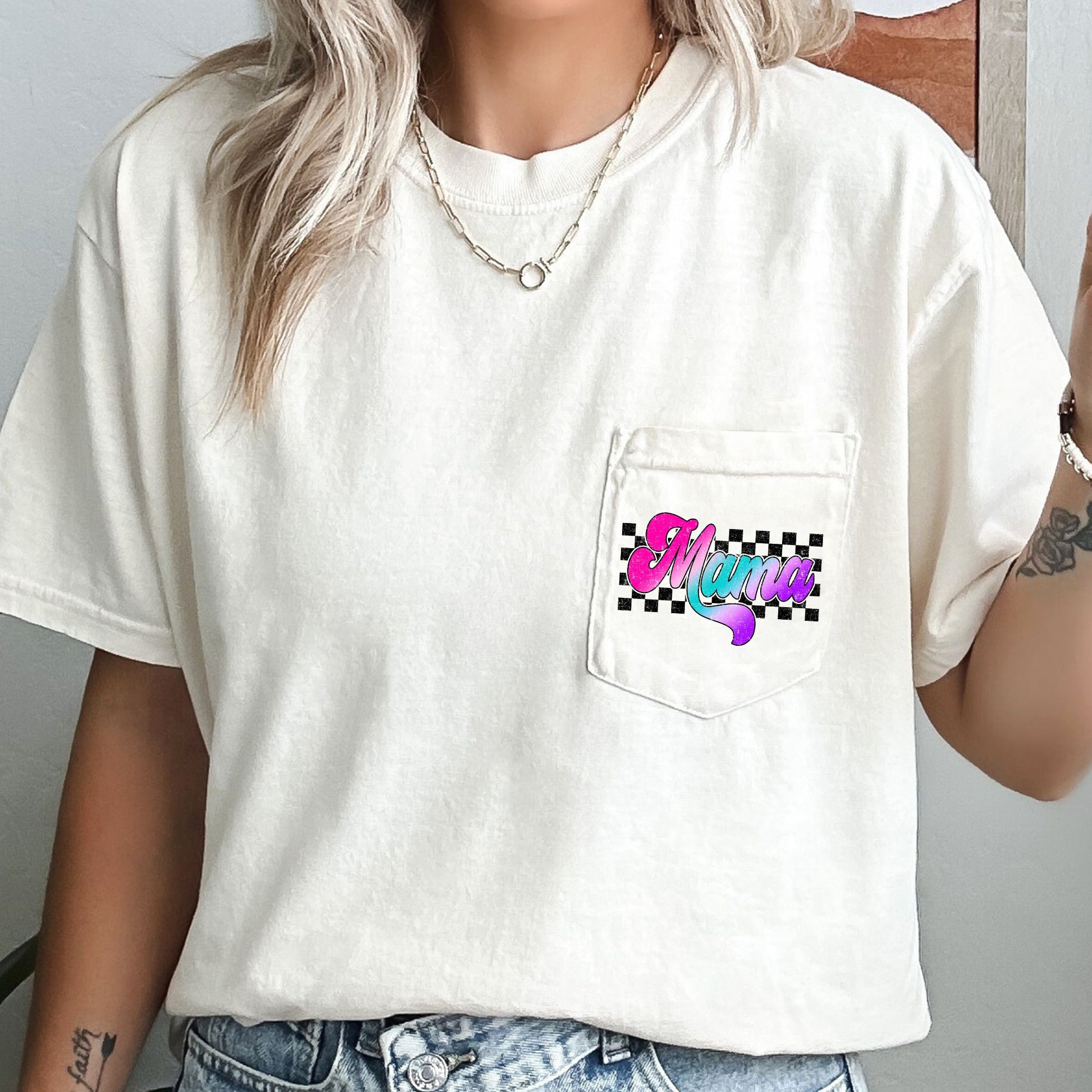 Mama Retro Checkered Lightning Bolt Colorful Ombre Pocket Graphic Comfort Colors Tee