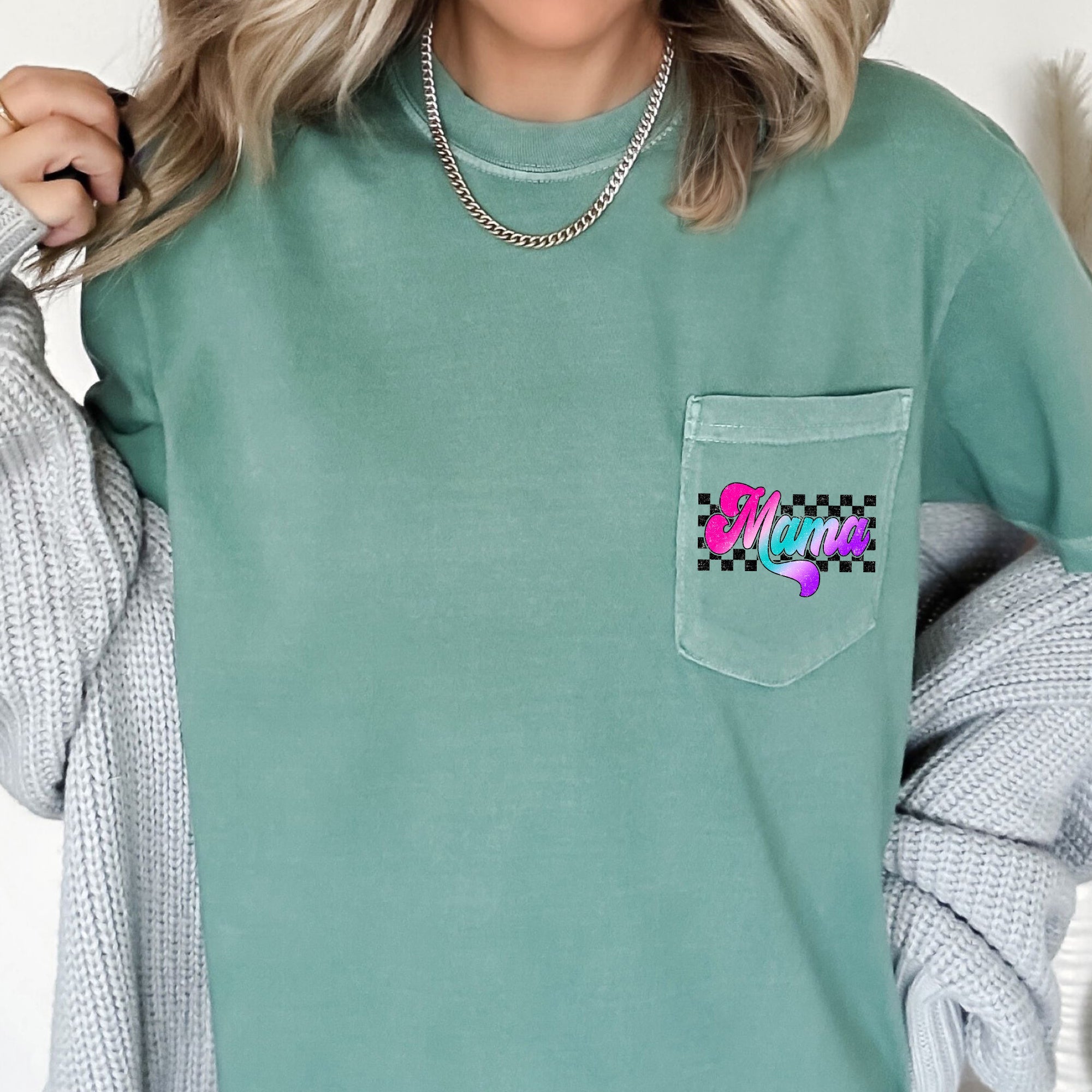 Mama Retro Checkered Lightning Bolt Colorful Ombre Pocket Graphic Comfort Colors Tee