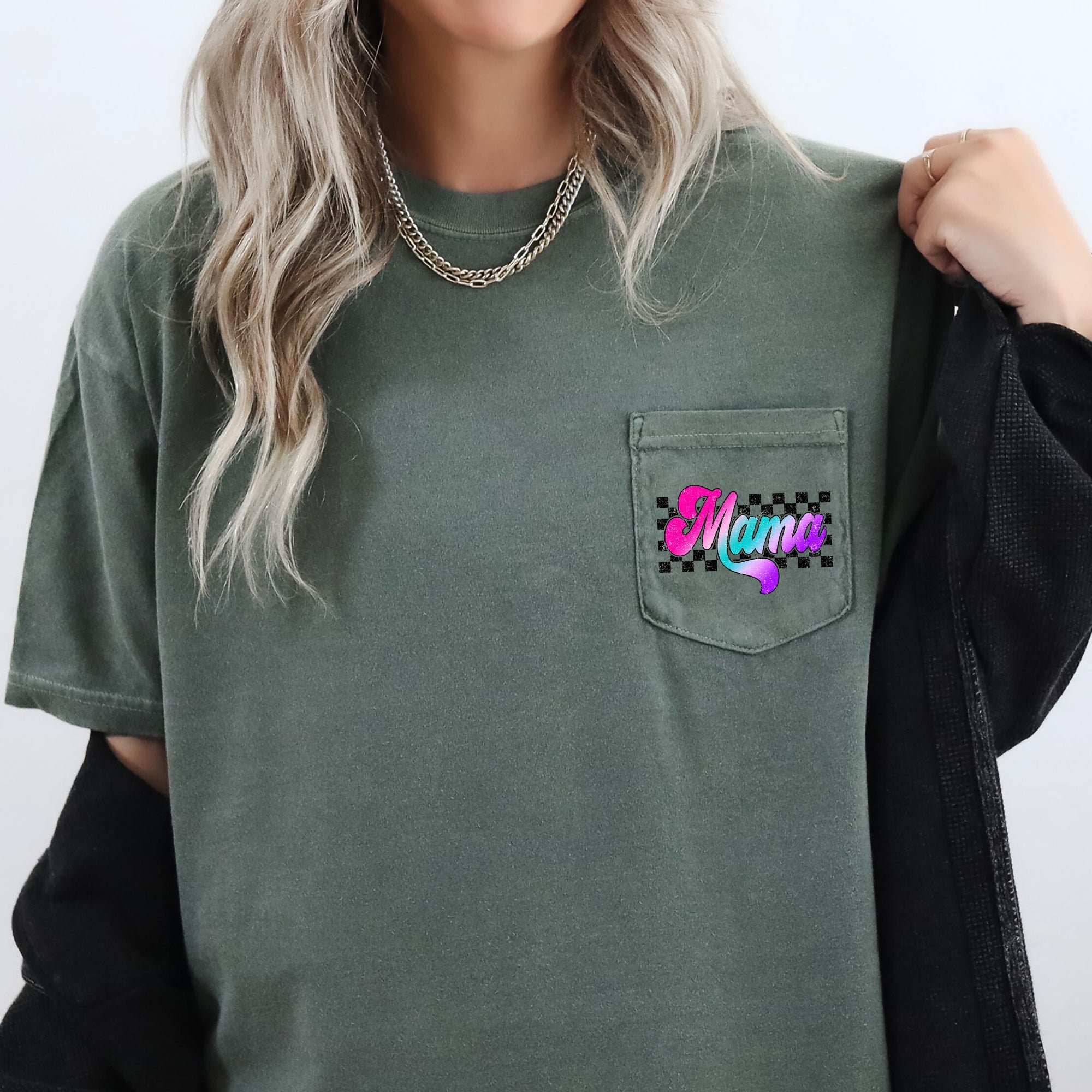 Mama Retro Checkered Lightning Bolt Colorful Ombre Pocket Graphic Comfort Colors Tee