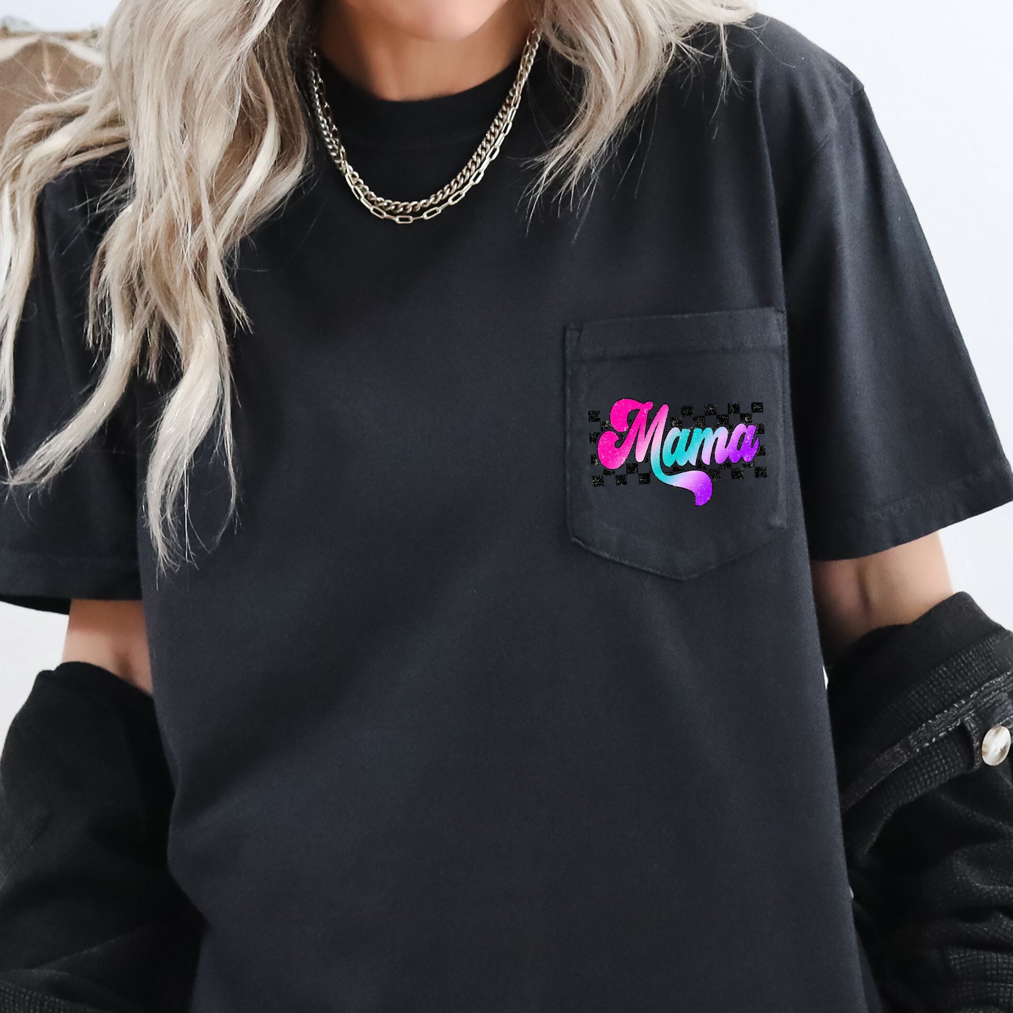 Mama Retro Checkered Lightning Bolt Colorful Ombre Pocket Graphic Comfort Colors Tee